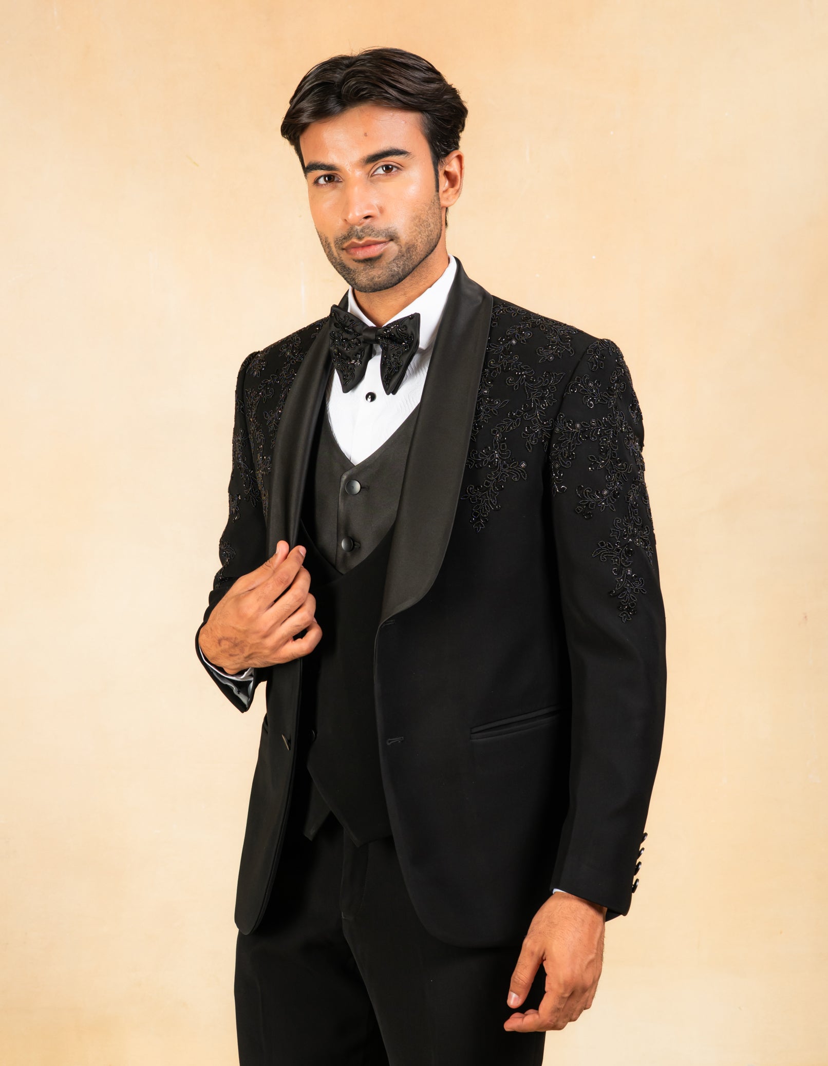 Black hand embroidered tuxedo with designer vest
