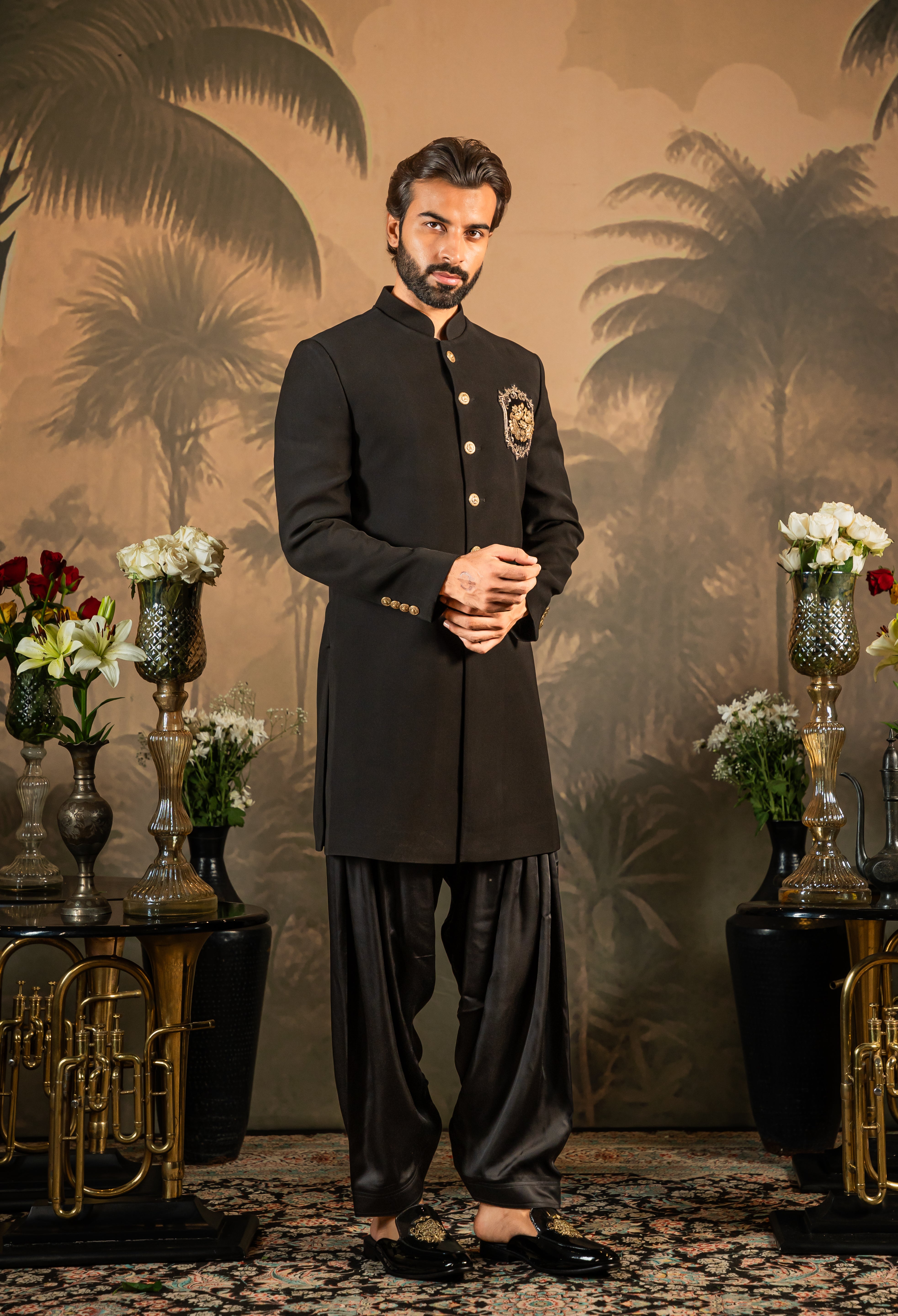 Black indowestern with Brooch and embroidery