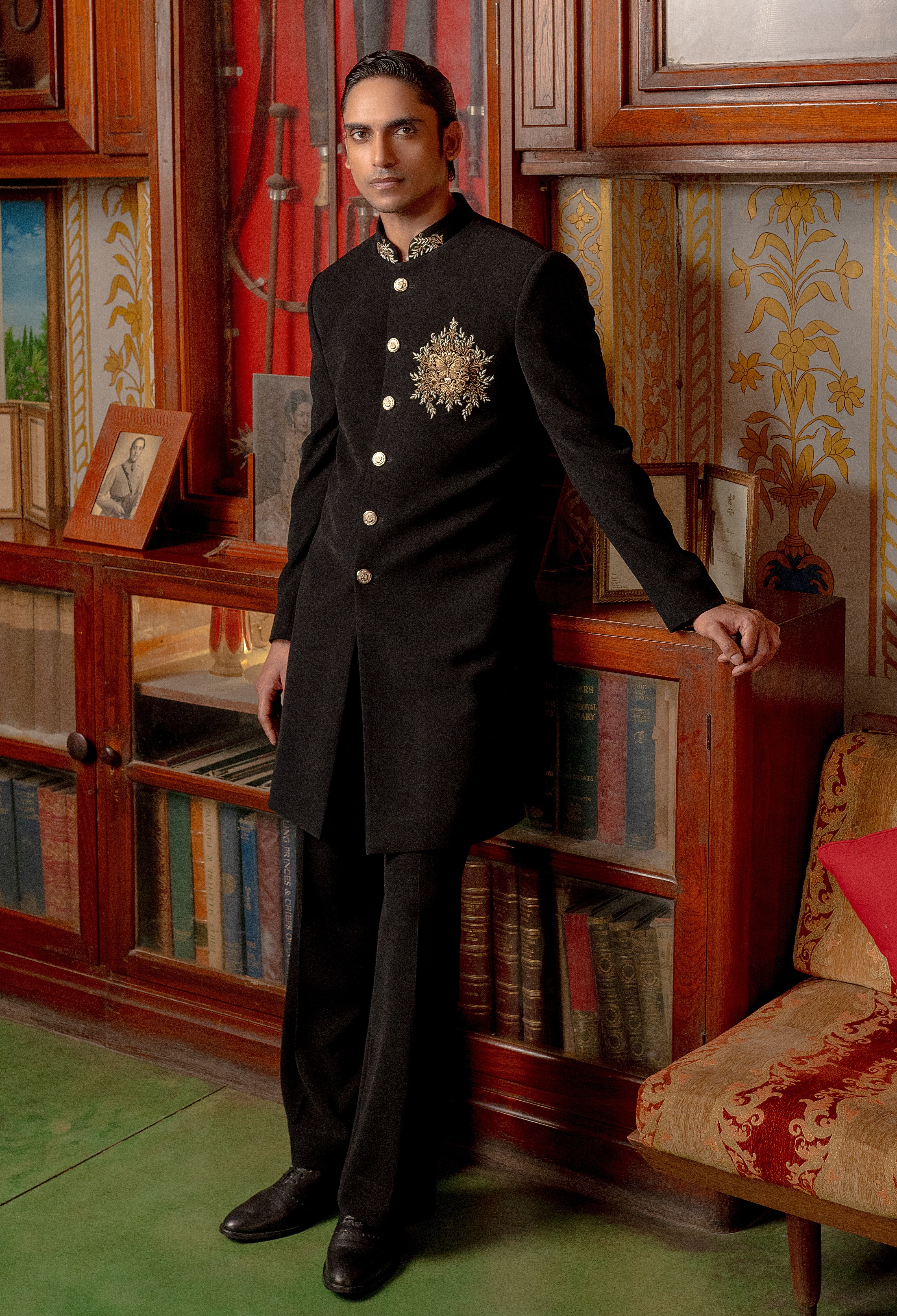 Black indowestern with Brooch and embroidery