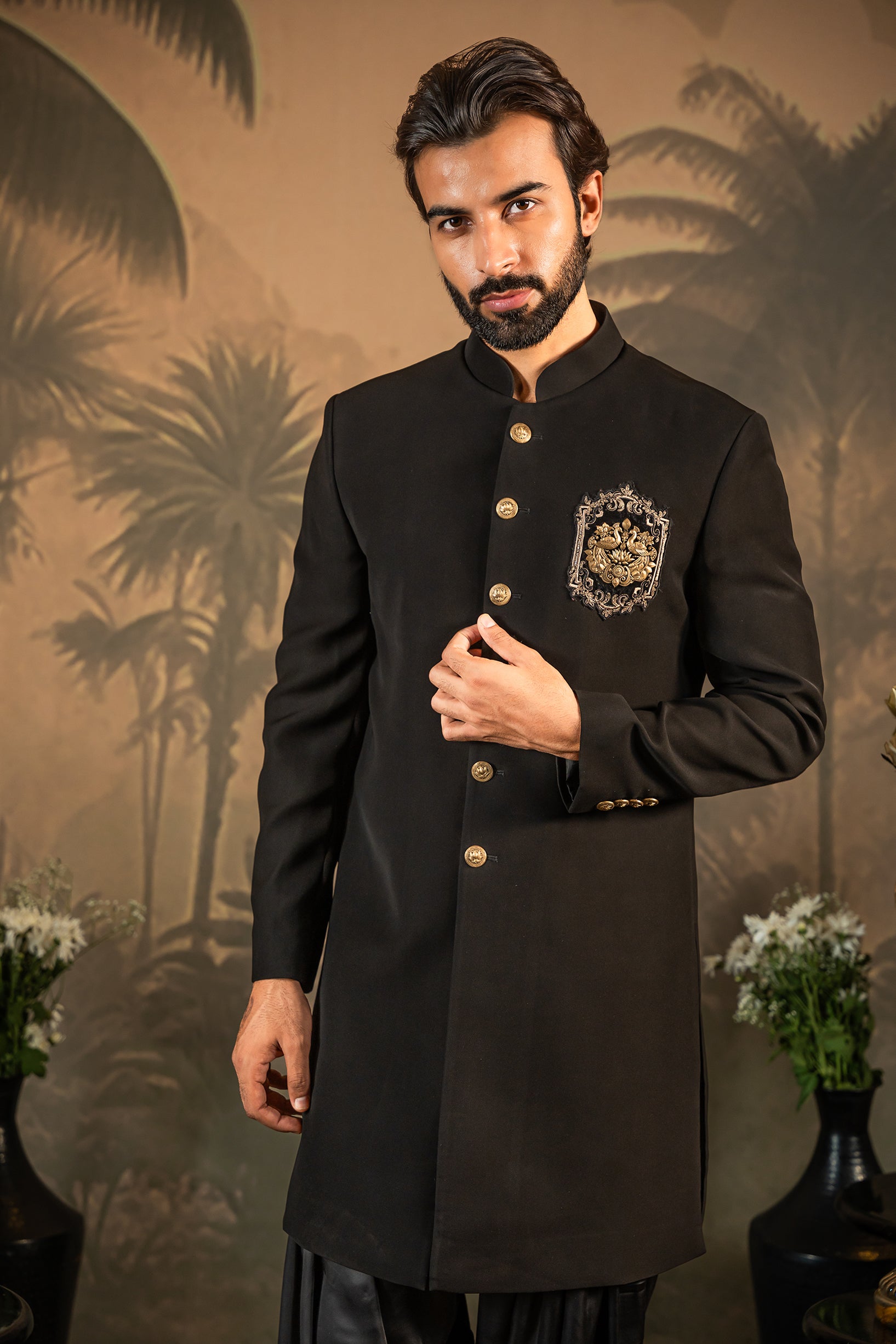 Black indowestern with Brooch and embroidery