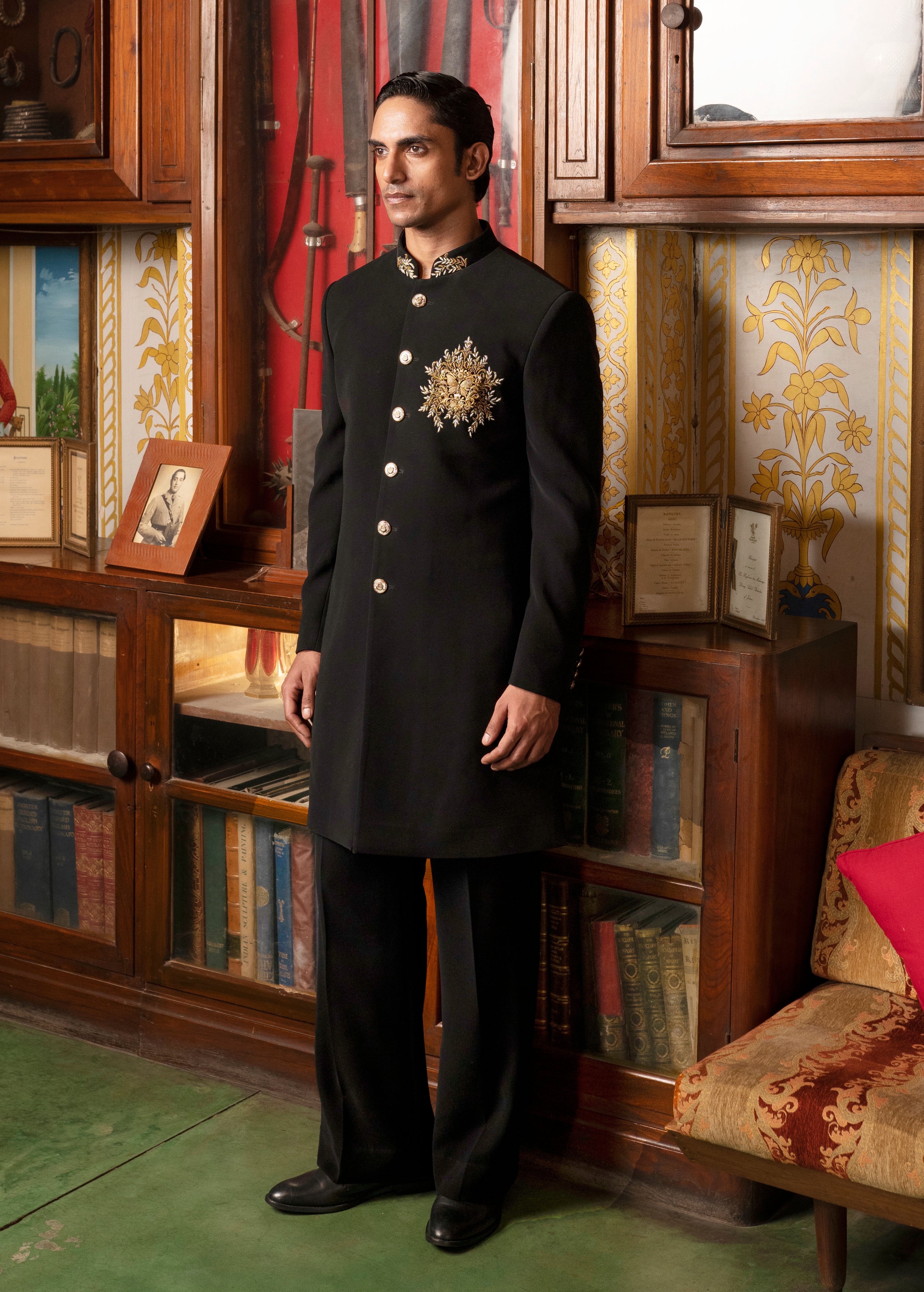 Black indowestern with Brooch and embroidery