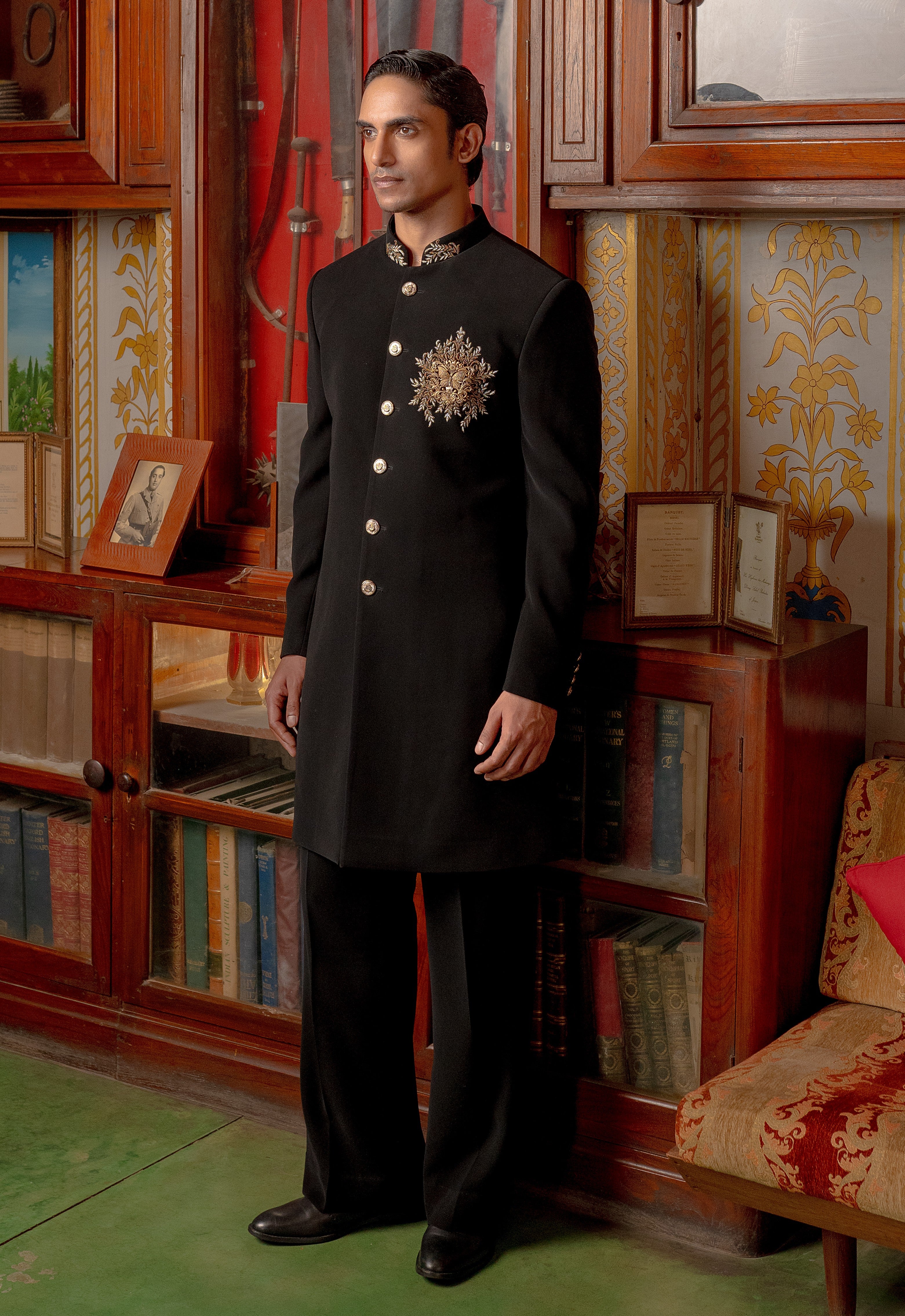 Black indowestern with Brooch and embroidery