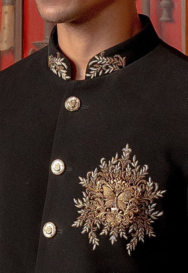 Black indowestern with Brooch and embroidery