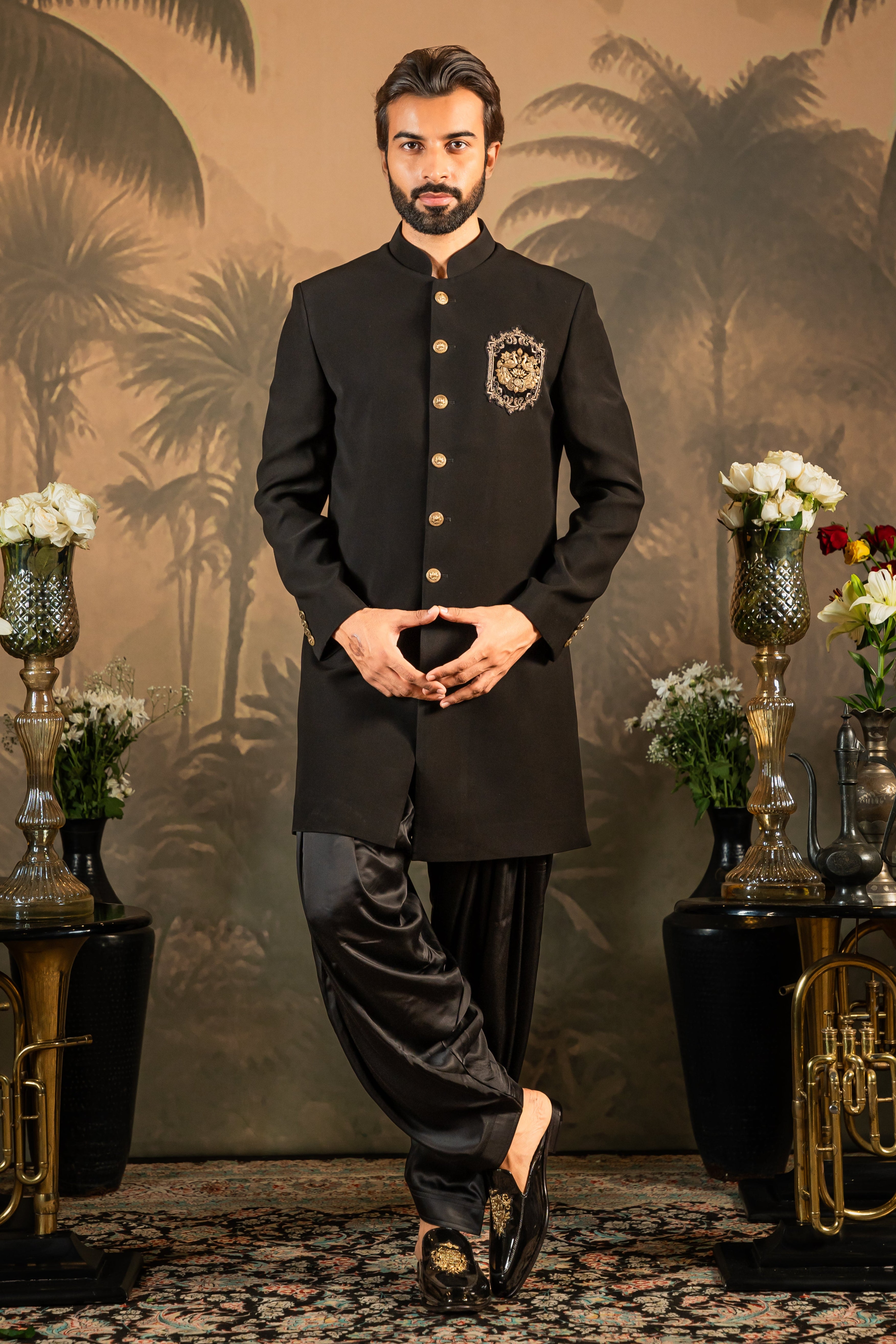 Black indowestern with Brooch and embroidery
