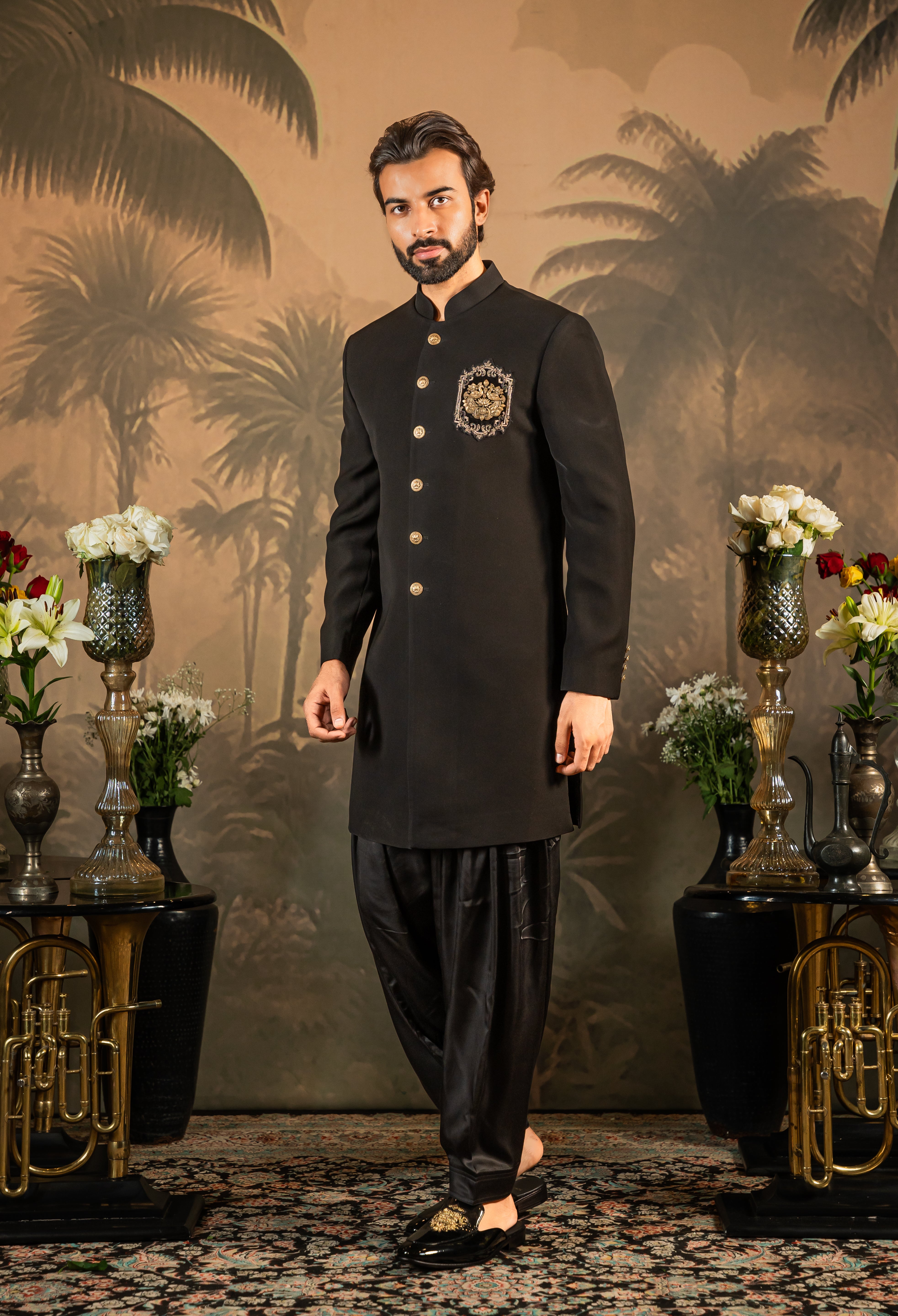 Black indowestern with Brooch and embroidery