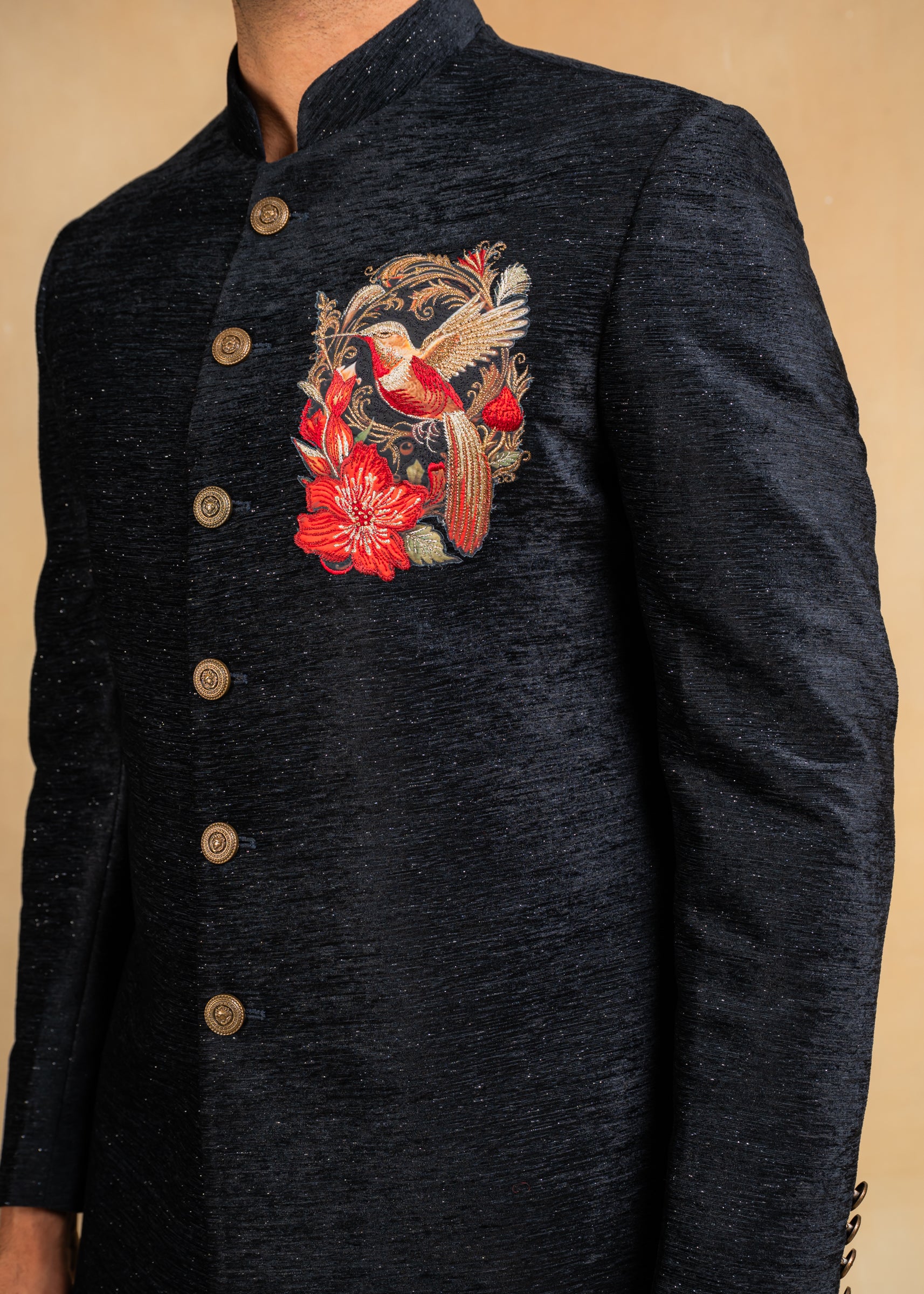 navy blue indowestern with embroidered motif