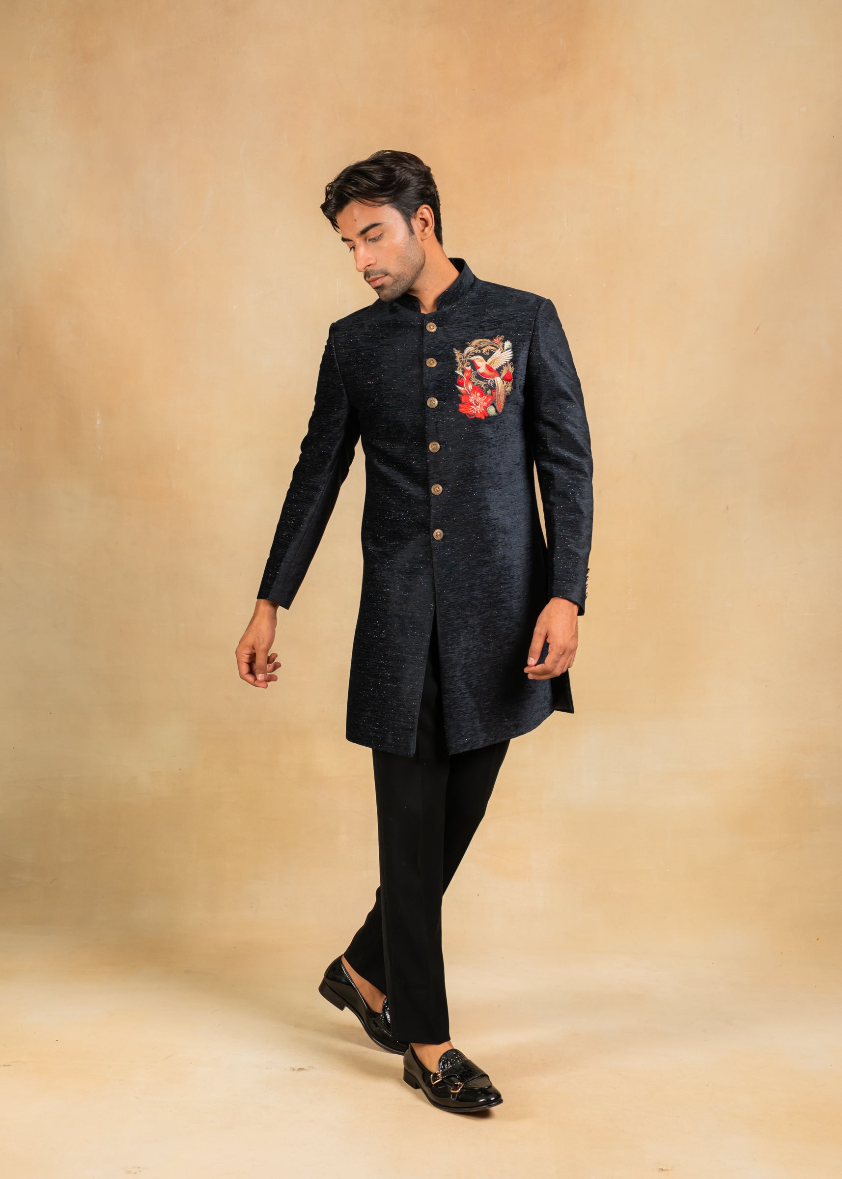 navy blue indowestern with embroidered motif
