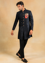 navy blue indowestern with embroidered motif