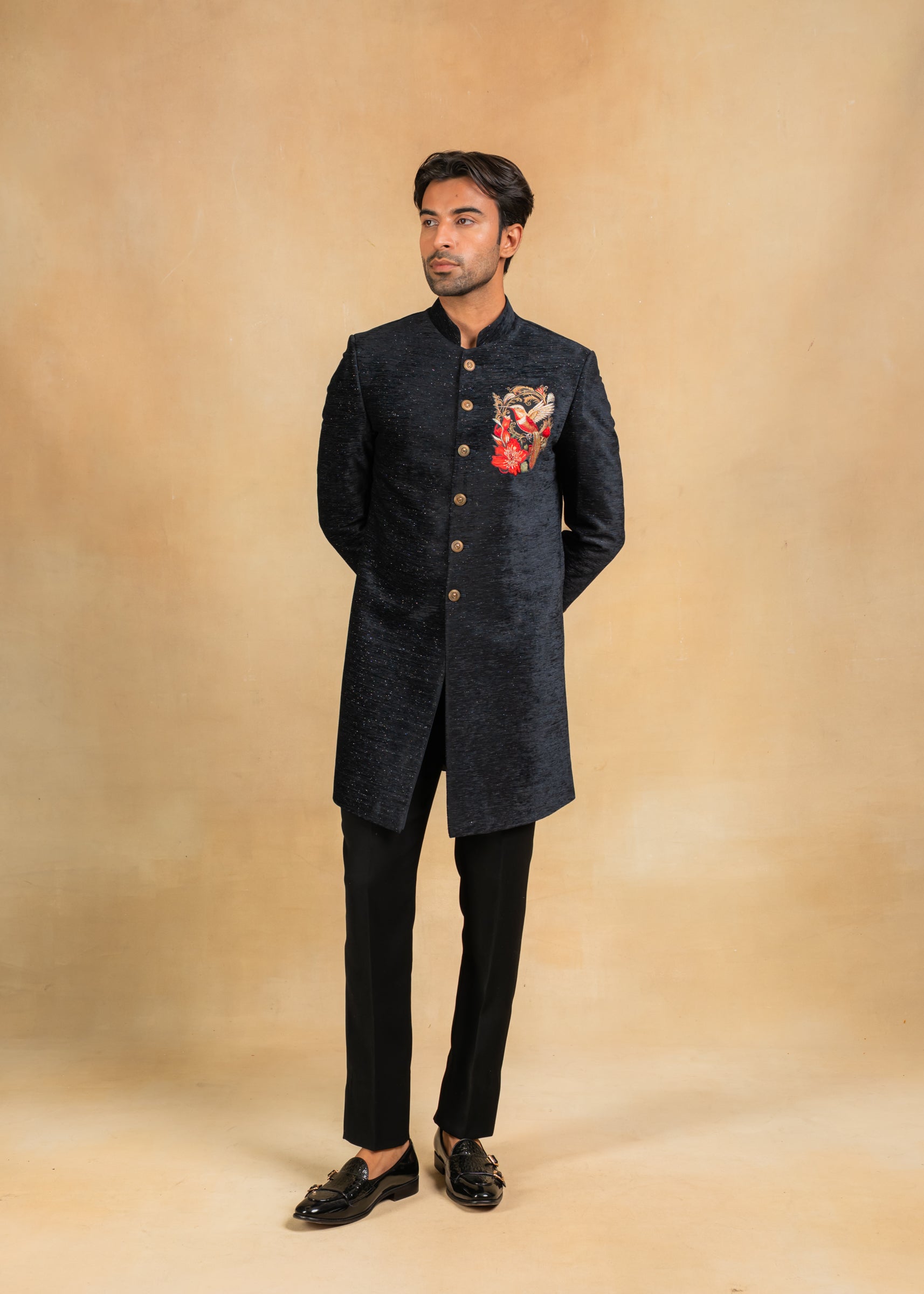 navy blue indowestern with embroidered motif