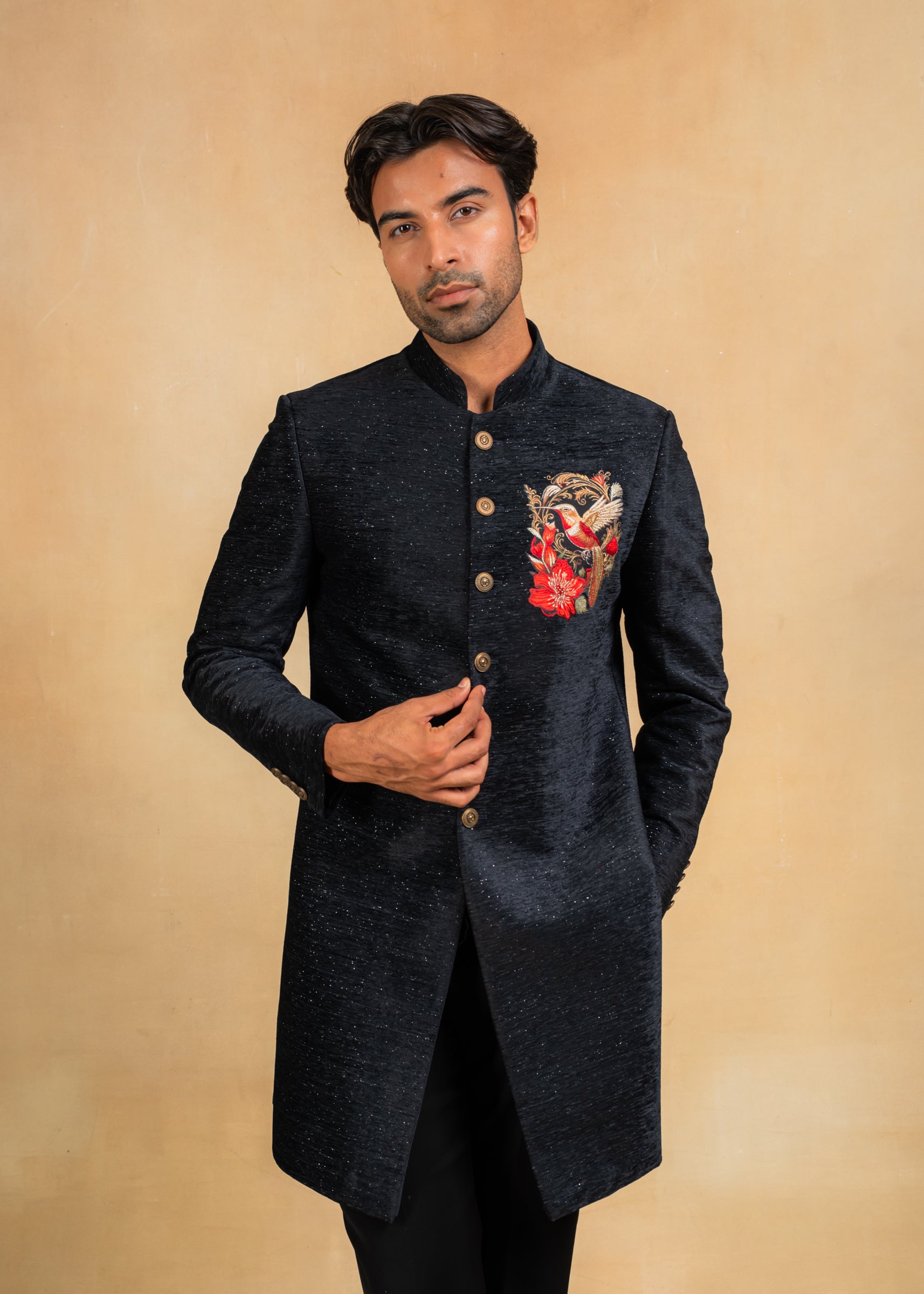 navy blue indowestern with embroidered motif