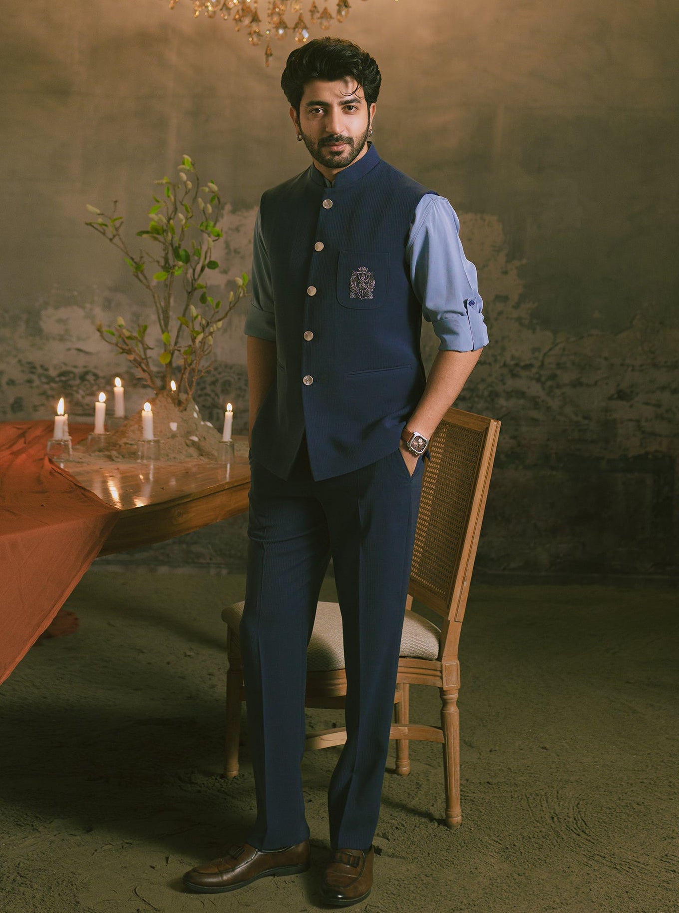 Blue Hand Embroidered Nehru Jacket Outfit 3pc