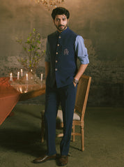 Blue Hand Embroidered Nehru Jacket Outfit 3pc