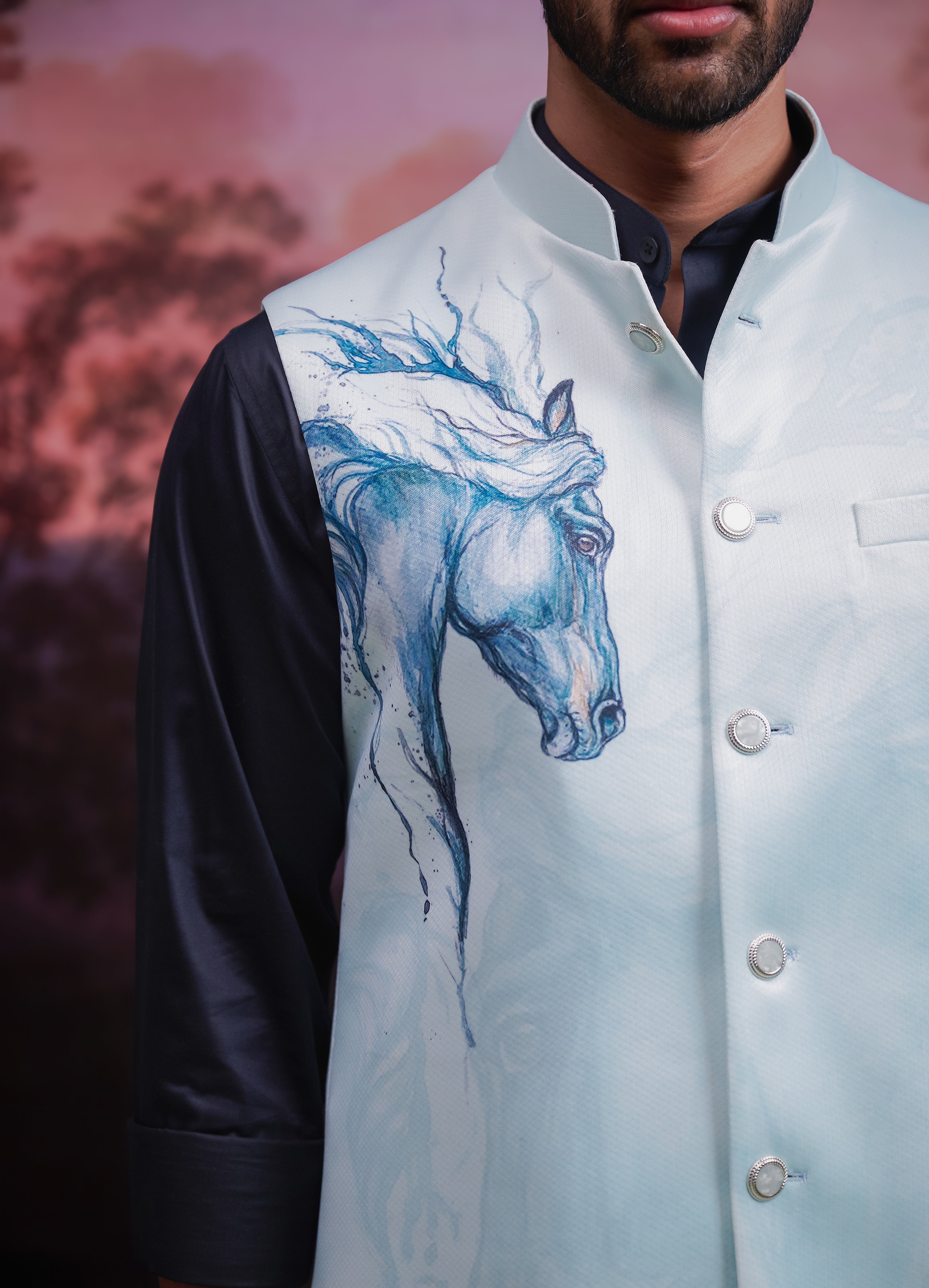Blue Horse Motif Nehru Jacket