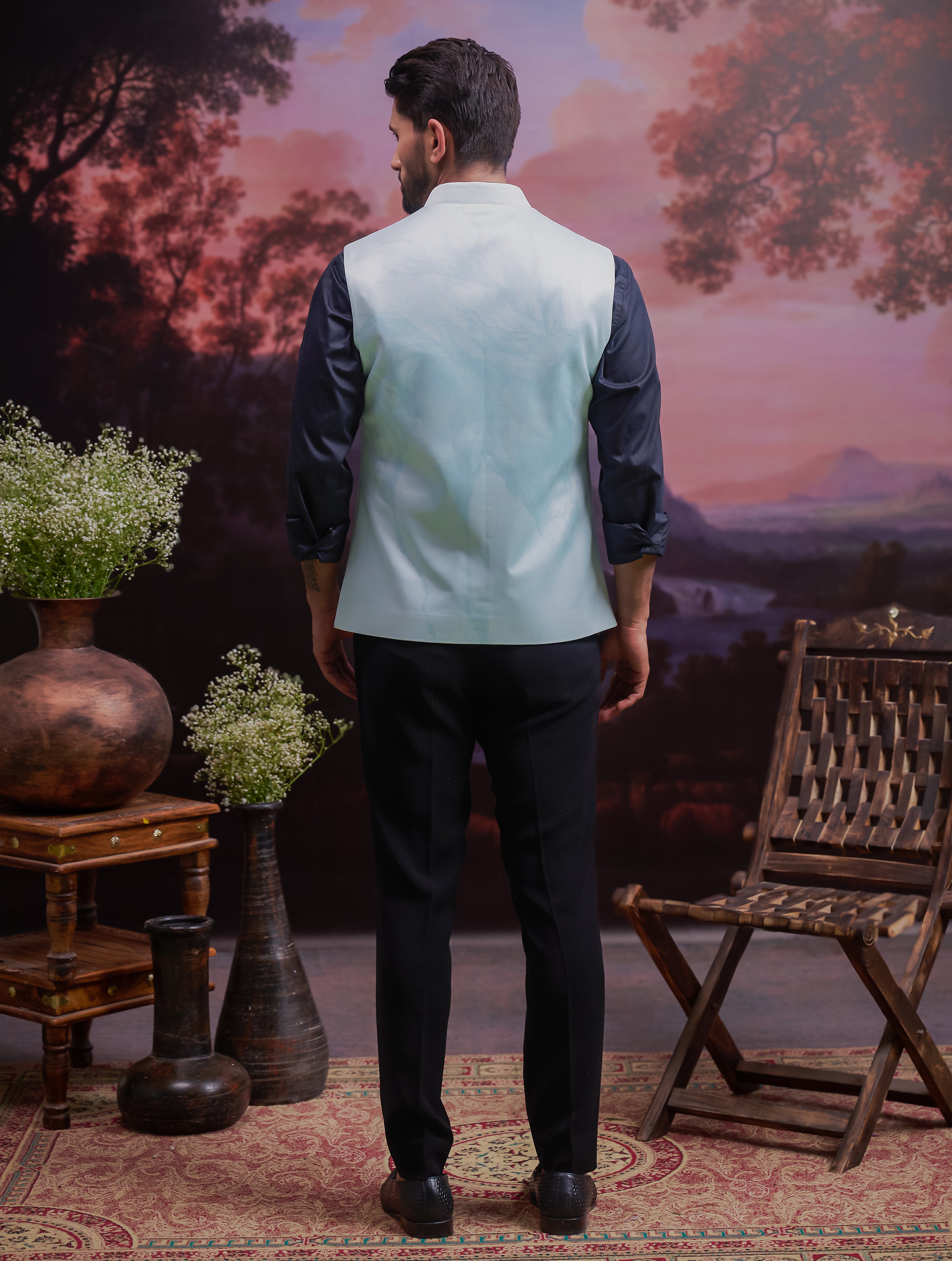Blue Horse Motif Nehru Jacket