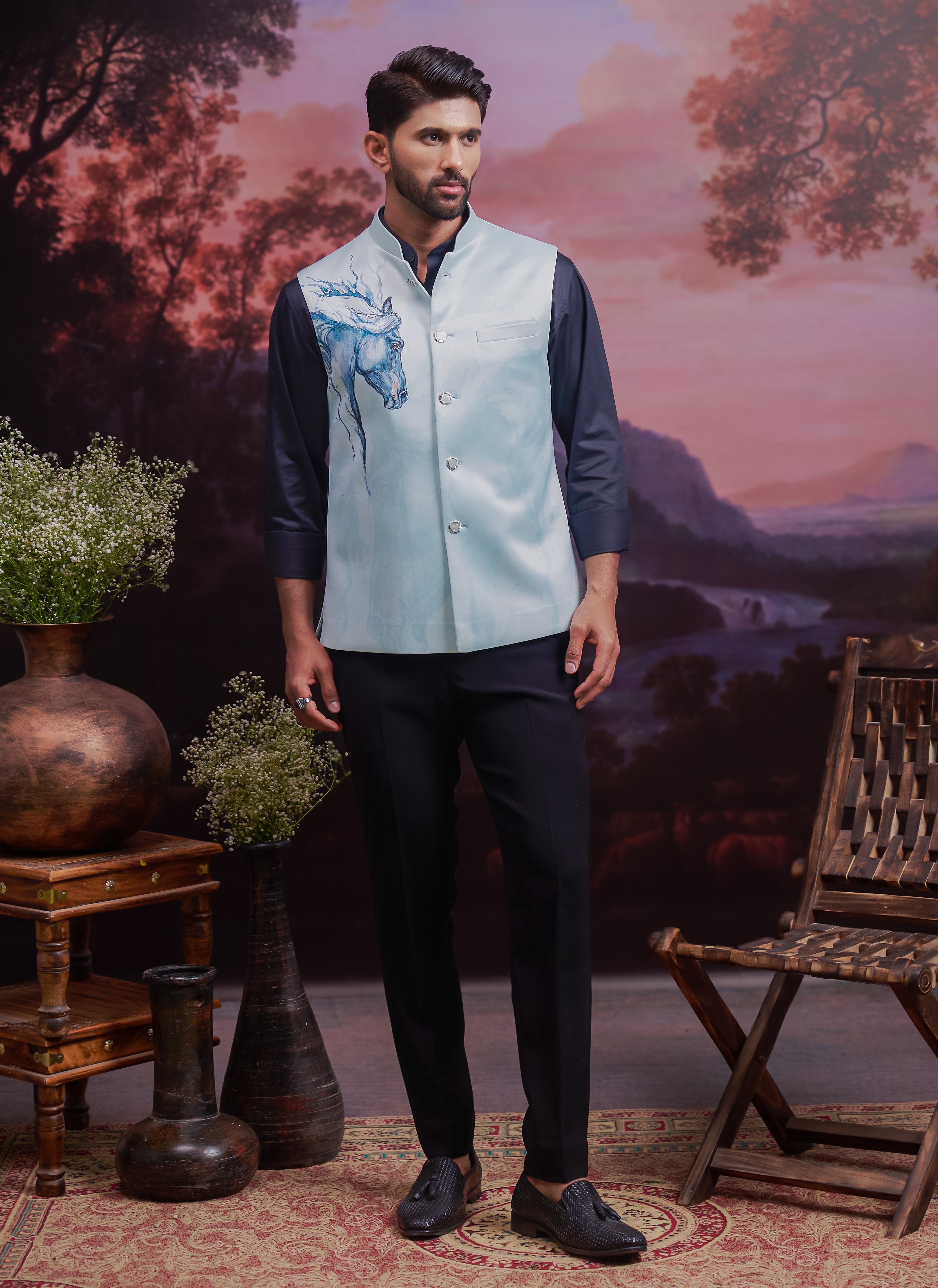 Blue Horse Motif Nehru Jacket