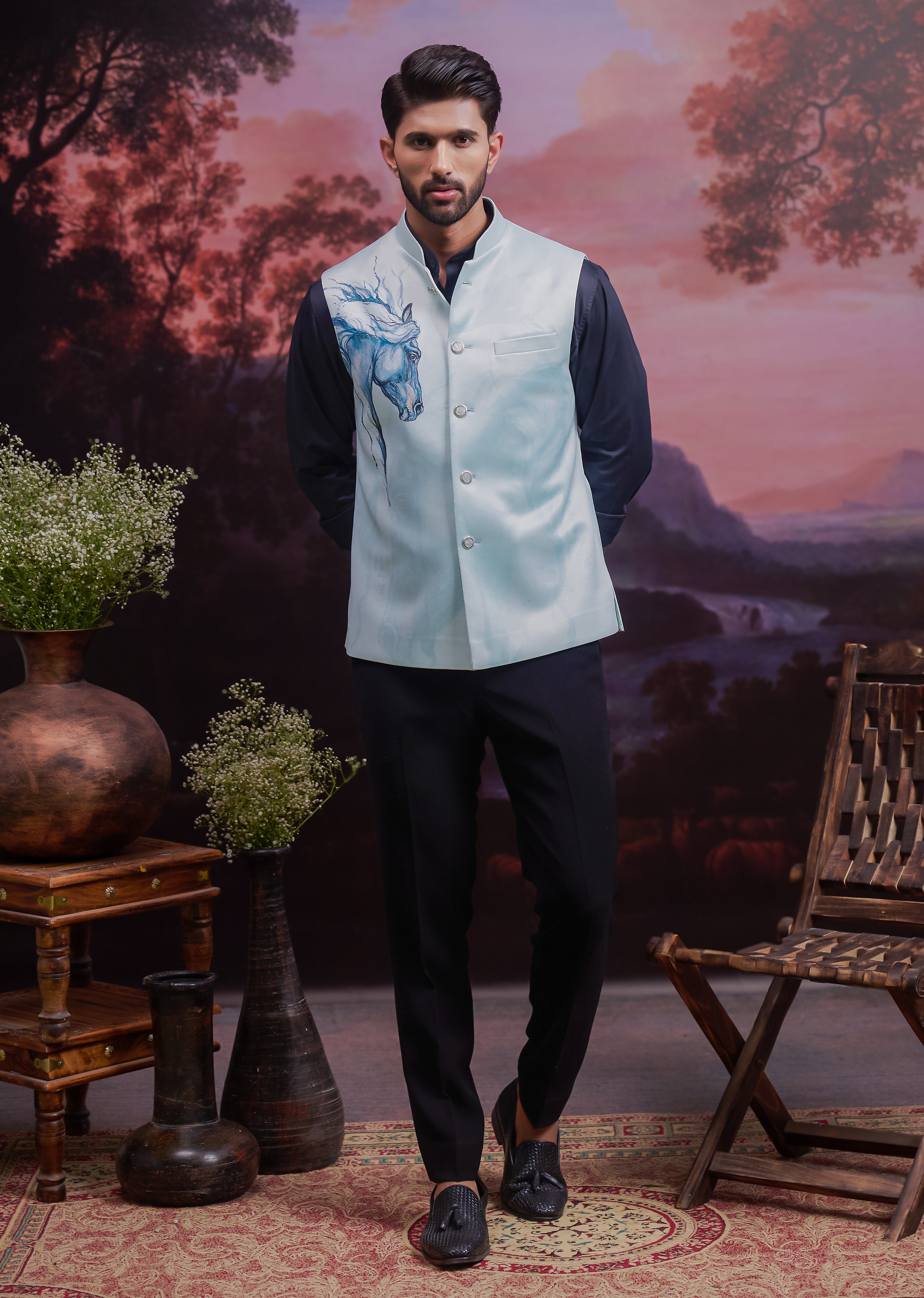 Blue Horse Motif Nehru Jacket