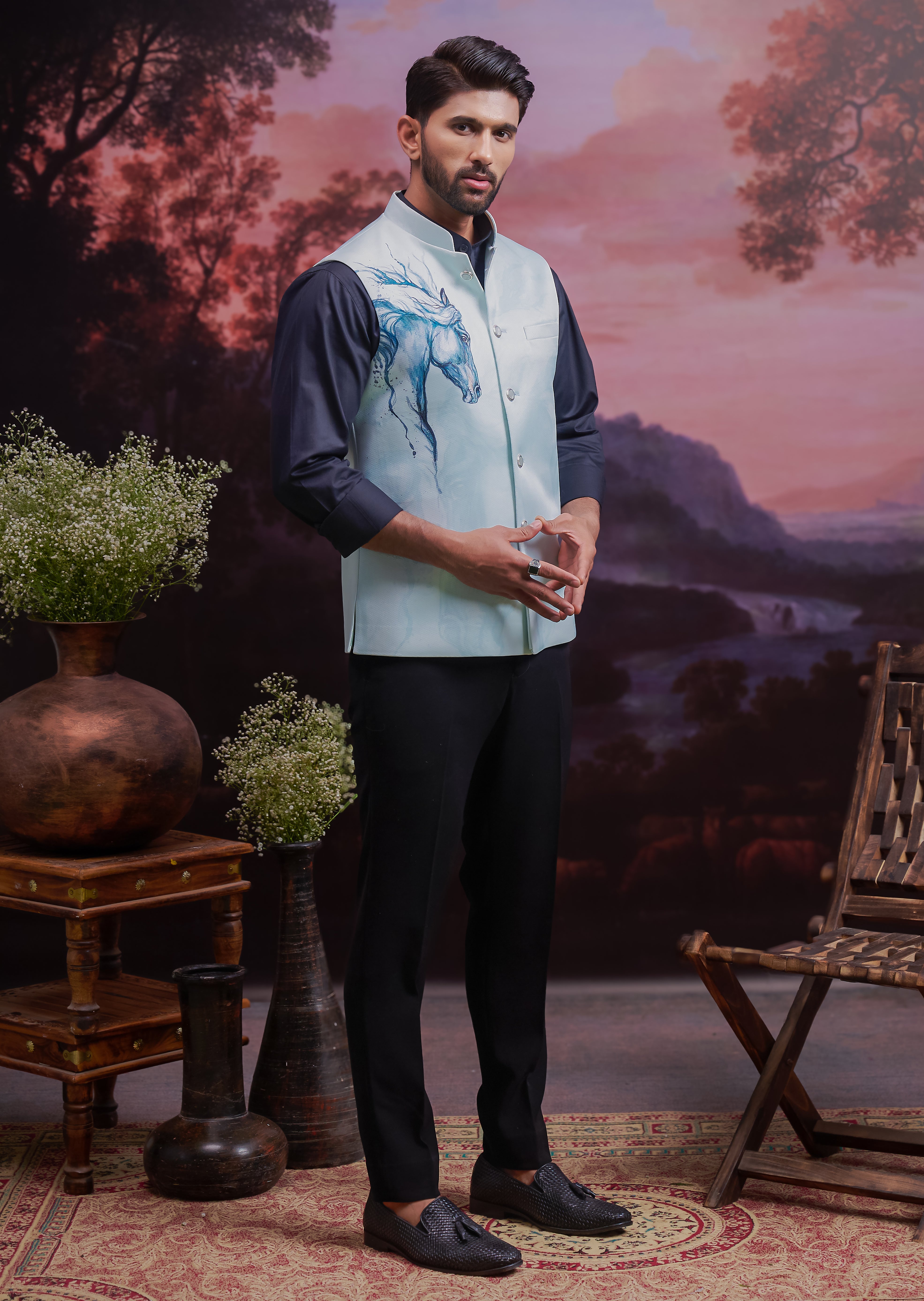 Blue Horse Motif Nehru Jacket