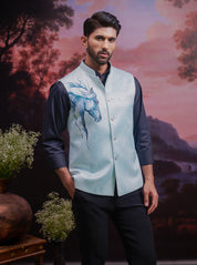 Blue Horse Motif Nehru Jacket