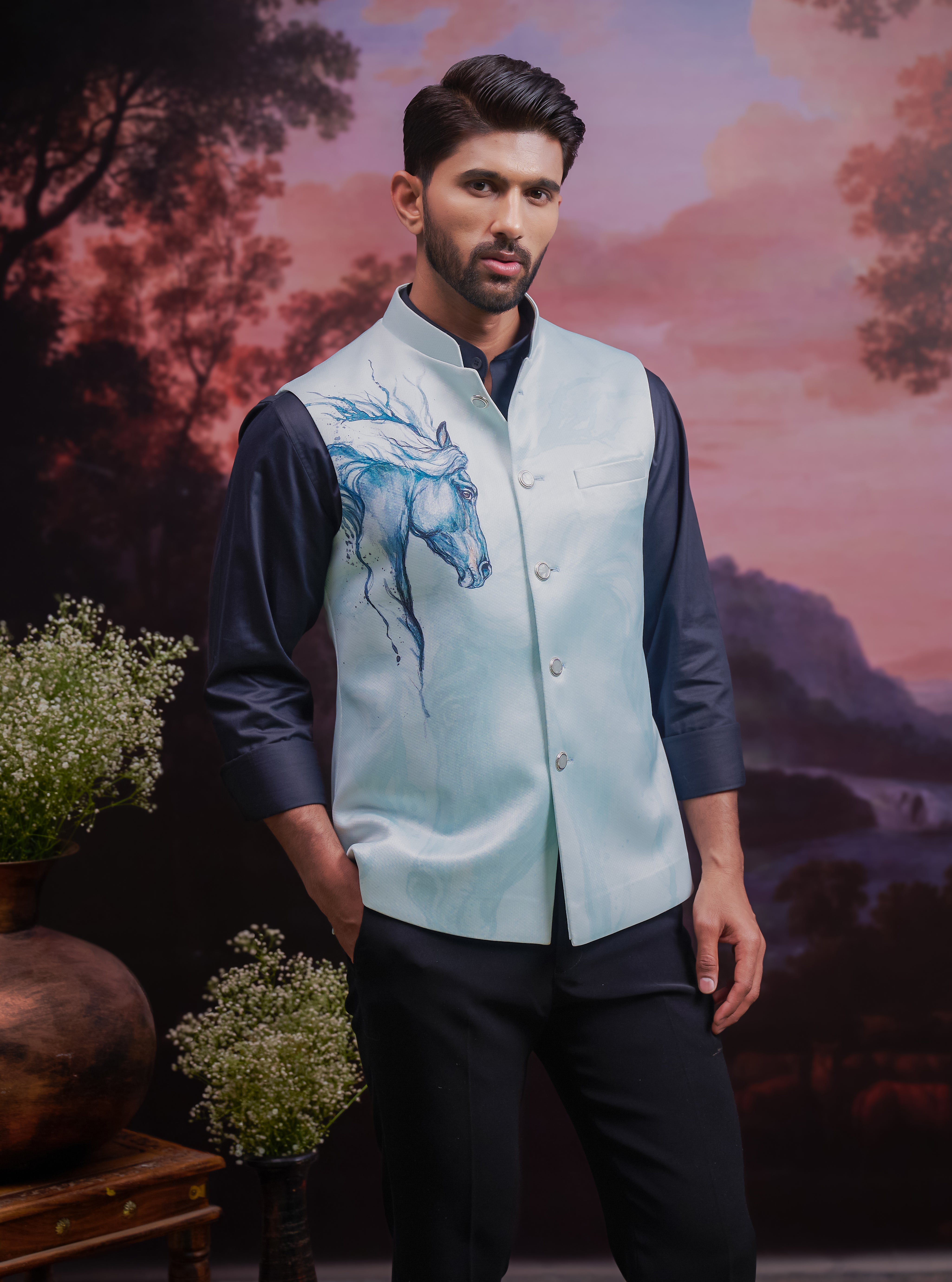 Blue Horse Motif Nehru Jacket