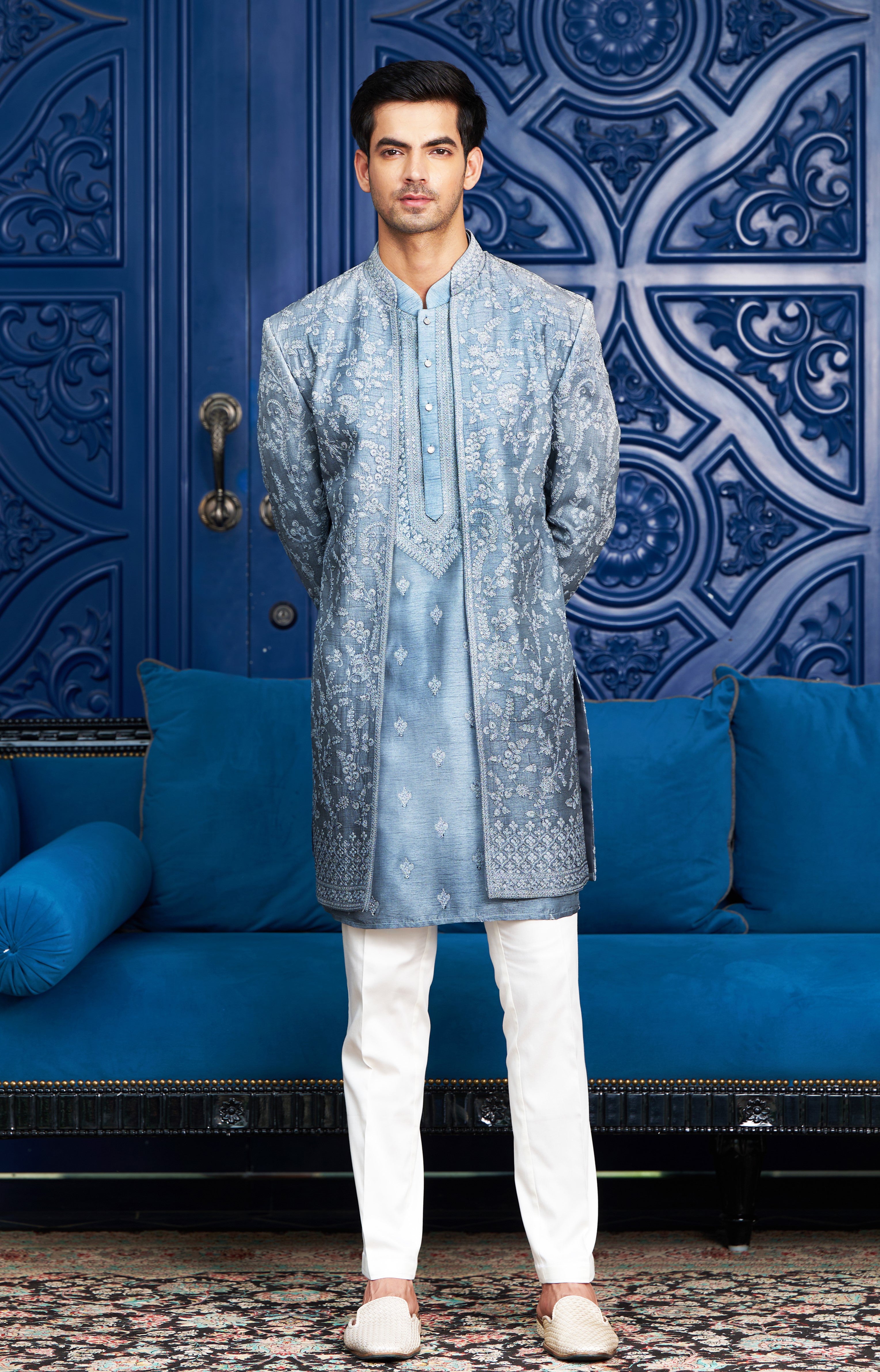 Open Blue Indo-Western with Dori Work