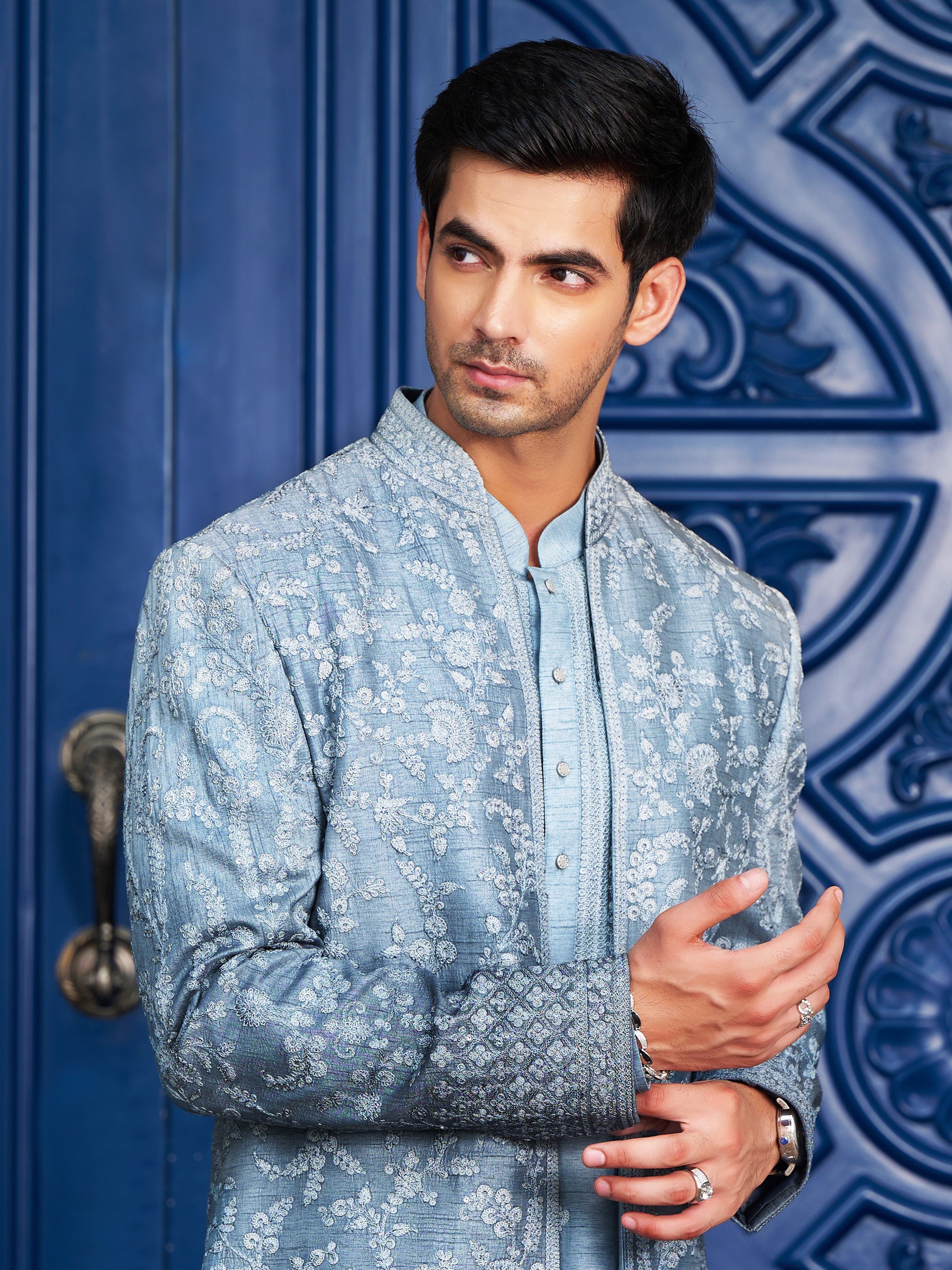 Open Blue Indo-Western with Dori Work