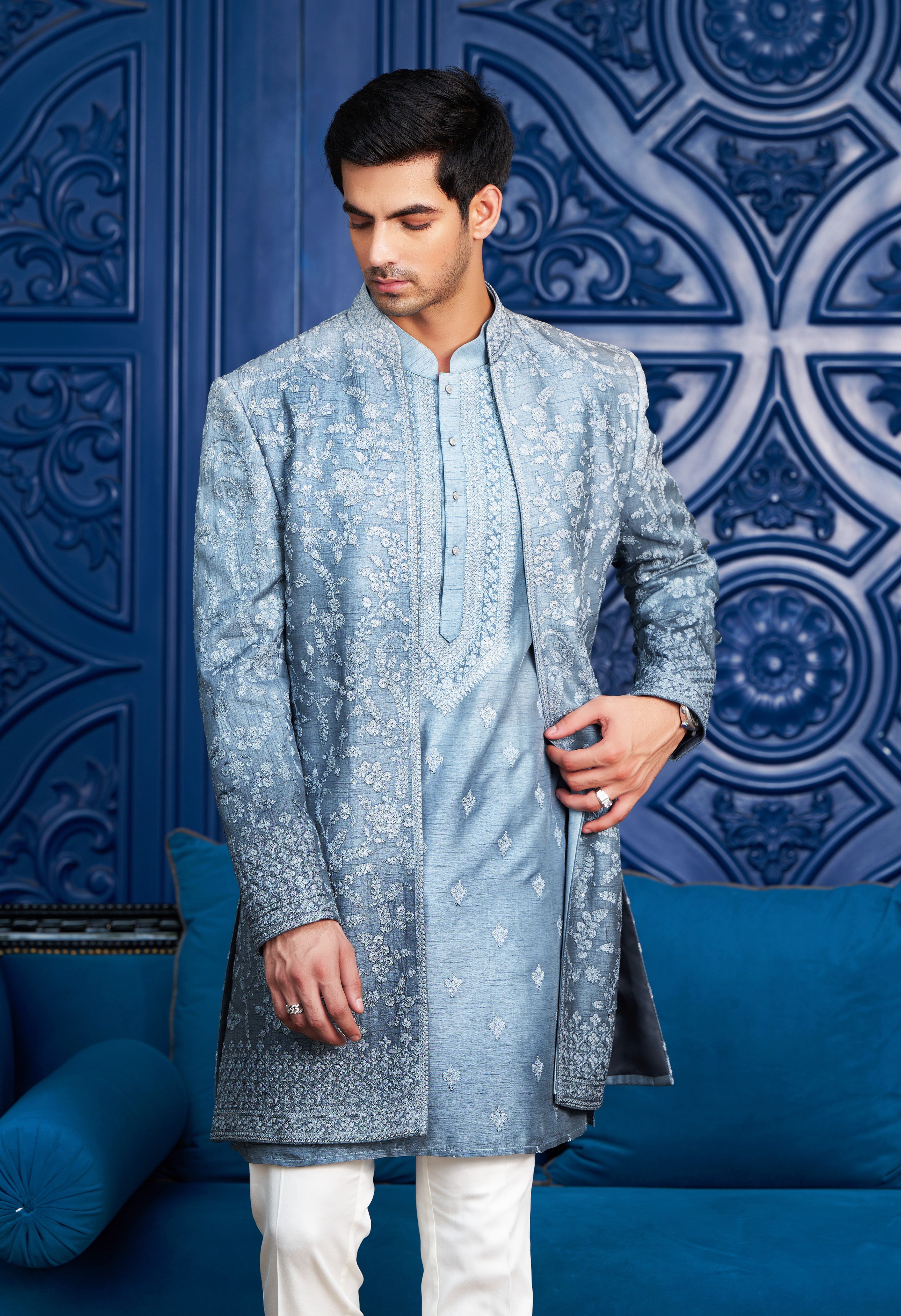 Open Blue Indo-Western with Dori Work