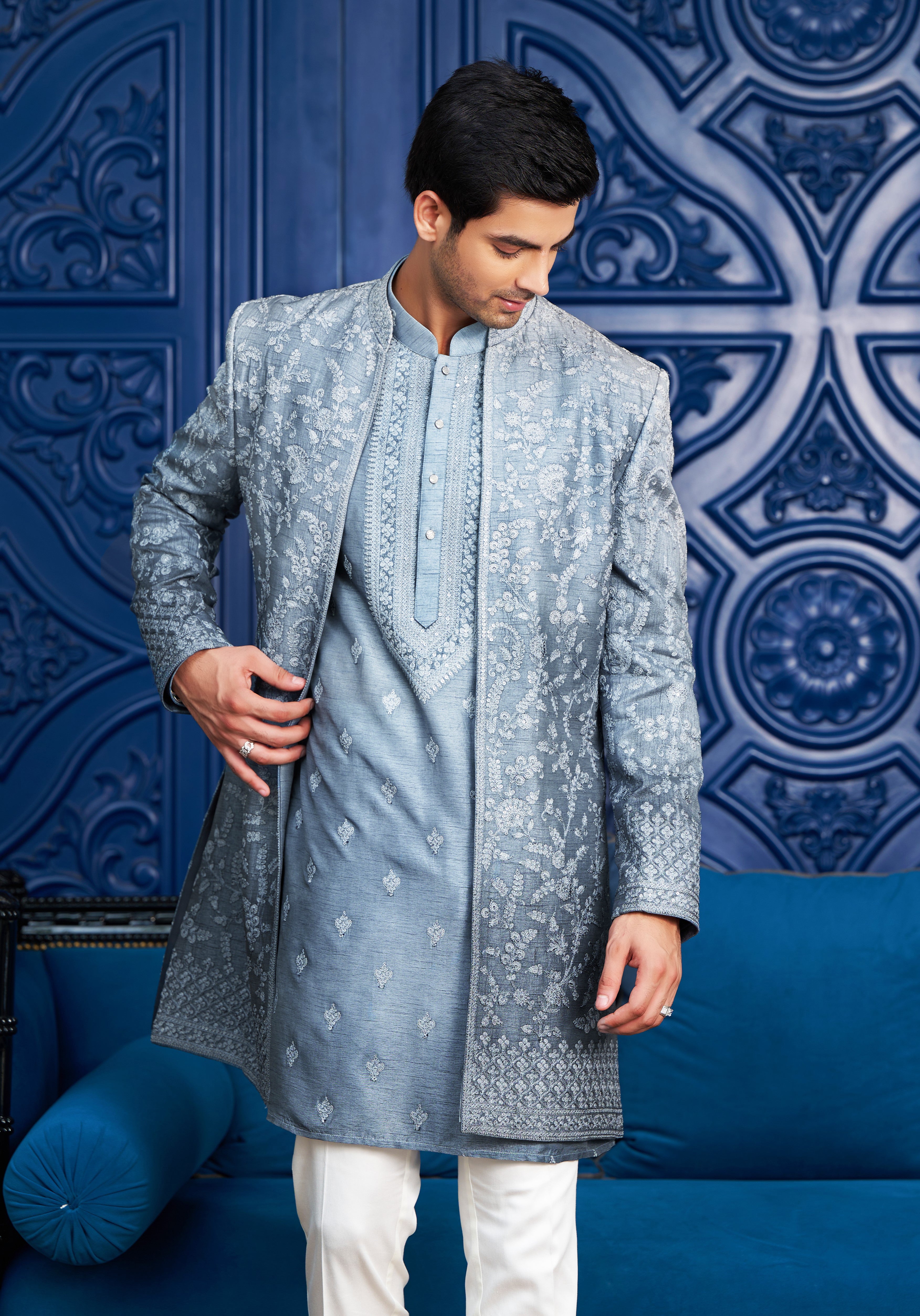 Open Blue Indo-Western with Dori Work