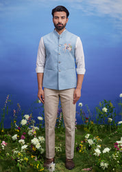 Blue Nehru Jacket with embroidered Motif