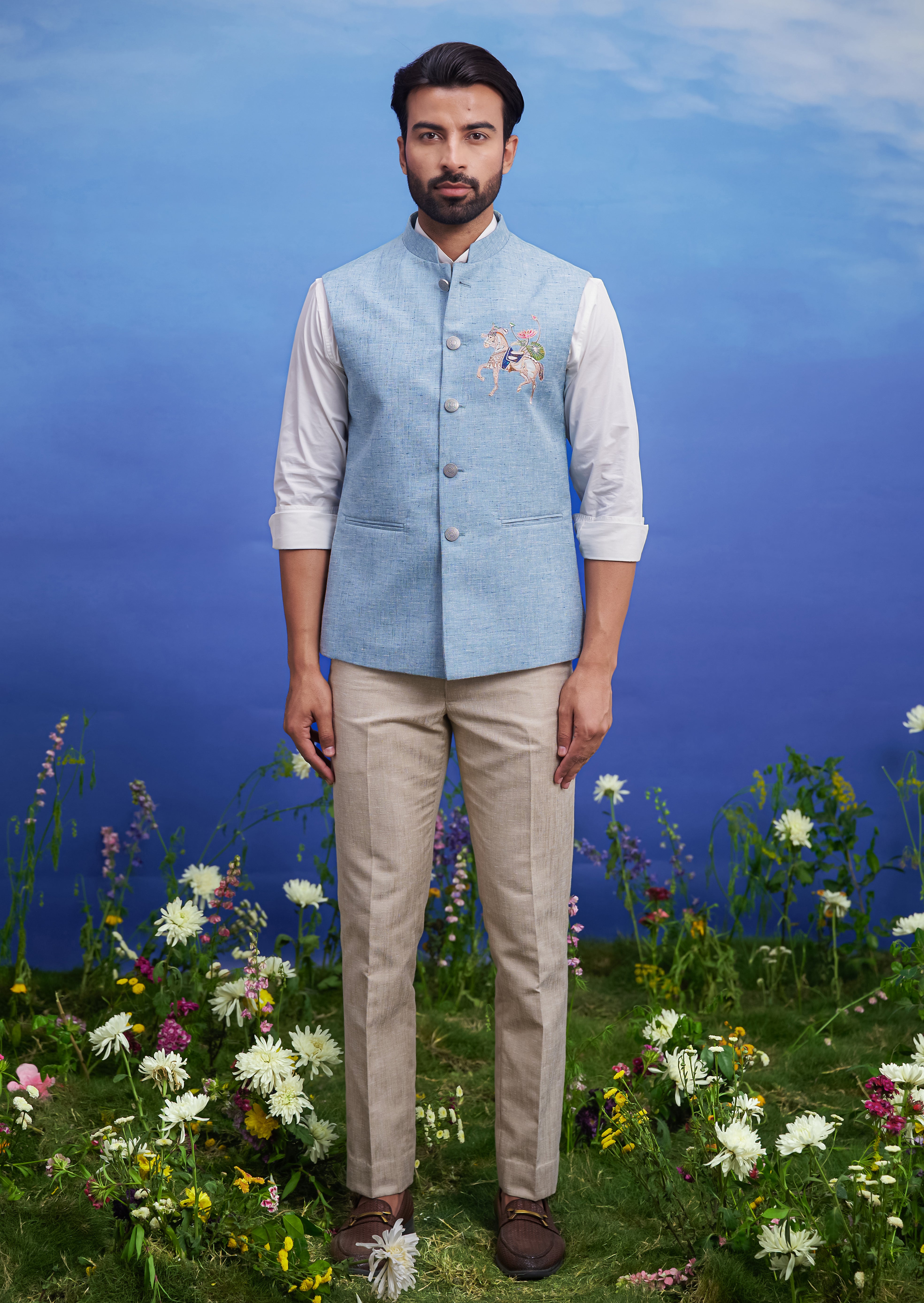 Blue Nehru Jacket with embroidered Motif