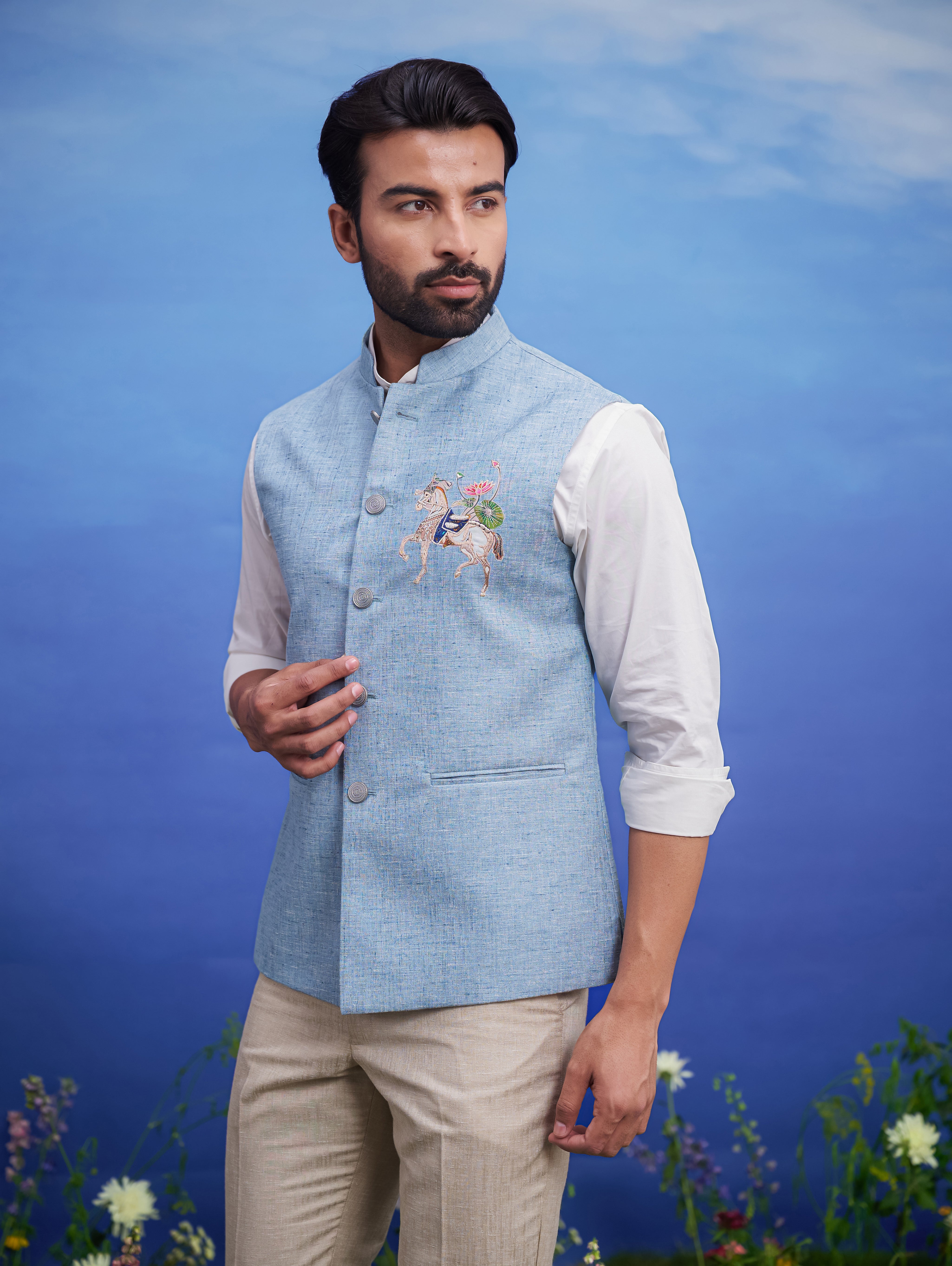 Blue Nehru Jacket with embroidered Motif