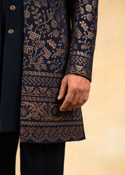 Blue Open Indowestern with Golden sequence embroidery