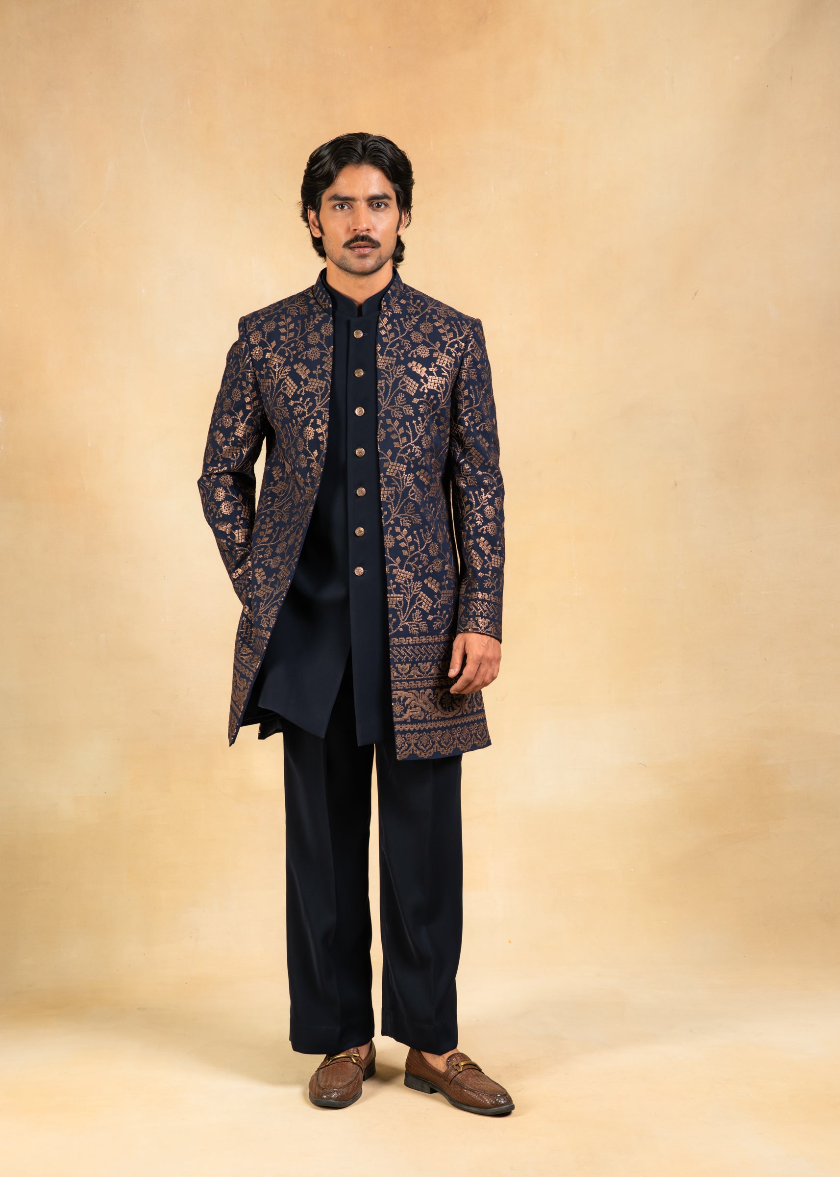 Blue Open Indowestern with Golden sequence embroidery