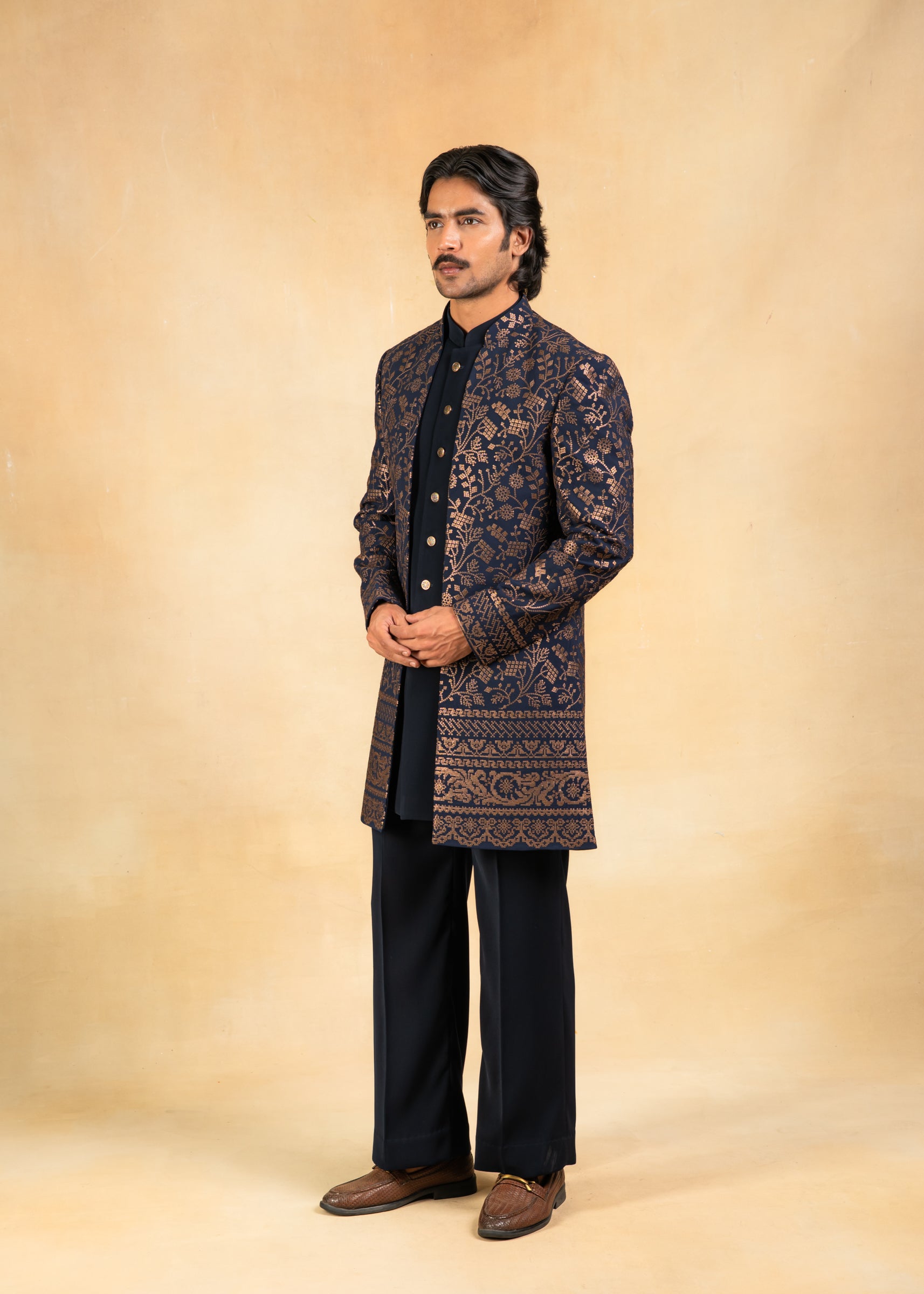 Blue Open Indowestern with Golden sequence embroidery