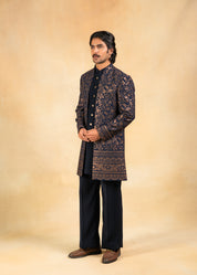 Blue Open Indowestern with Golden sequence embroidery