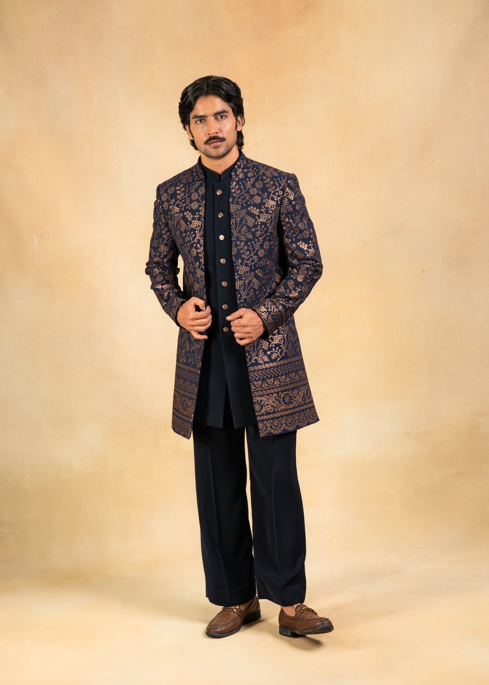 Blue Open Indowestern with Golden sequence embroidery