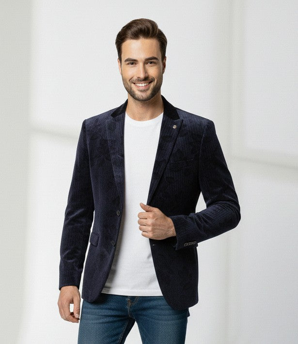 Blue Printed Velvet Party Blazer