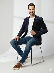 Blue Printed Velvet Party Blazer