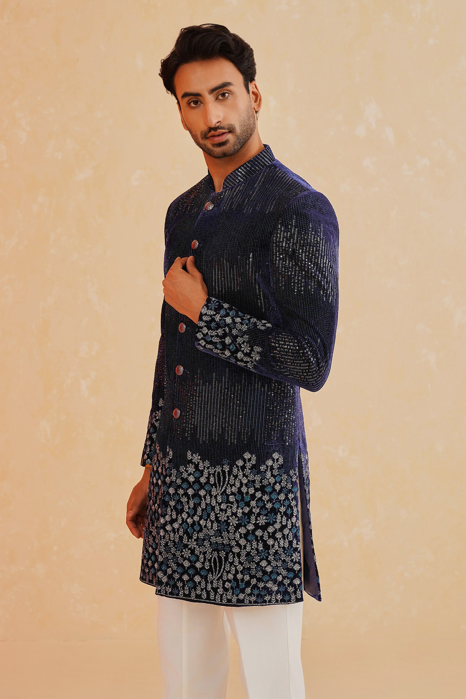 Blue Velvet Indo-Western with Sequin Work