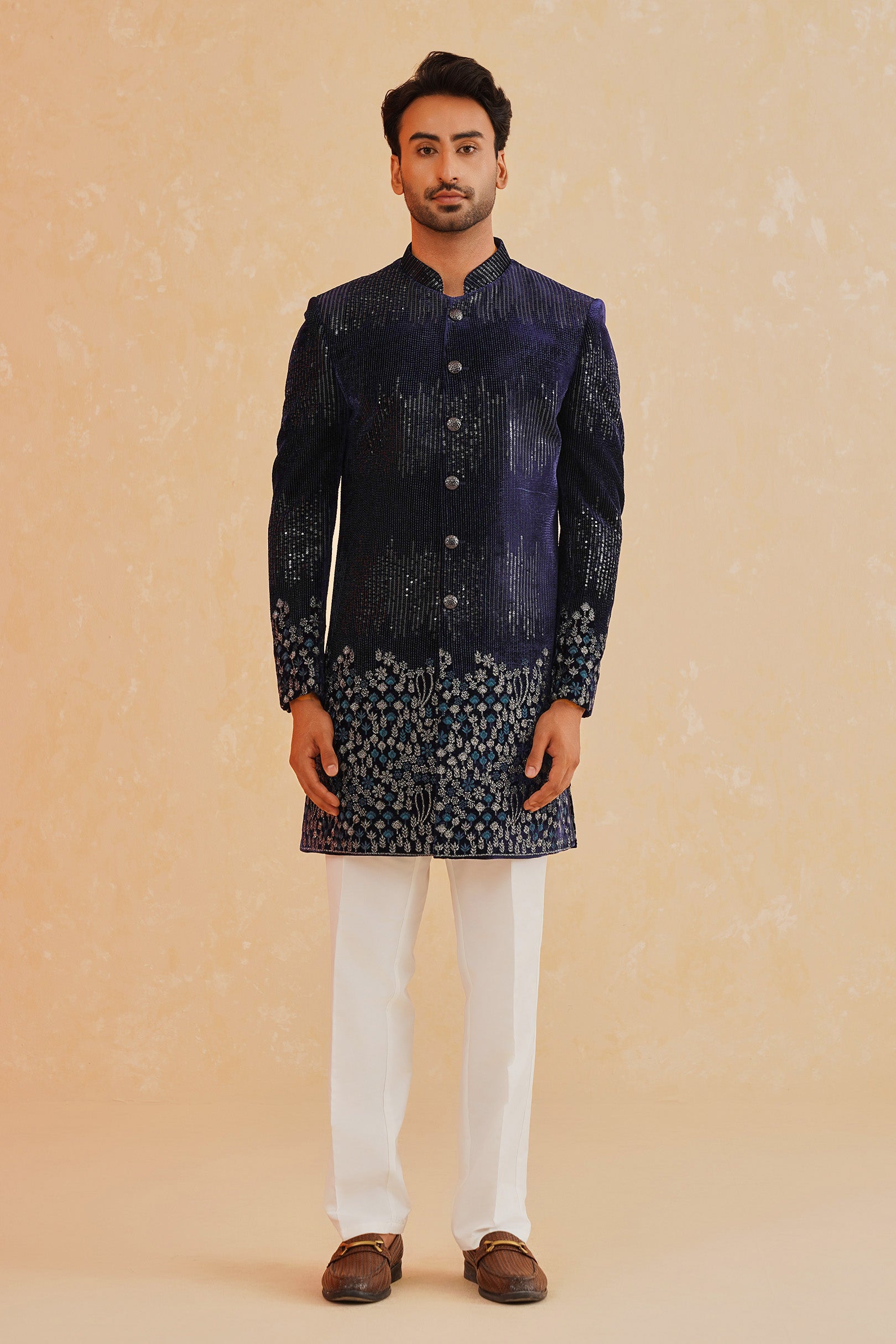Blue Velvet Indo-Western with Sequin Work