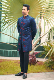 A versatile blue velvet indo-western with dori work, suitable for various occasions.

