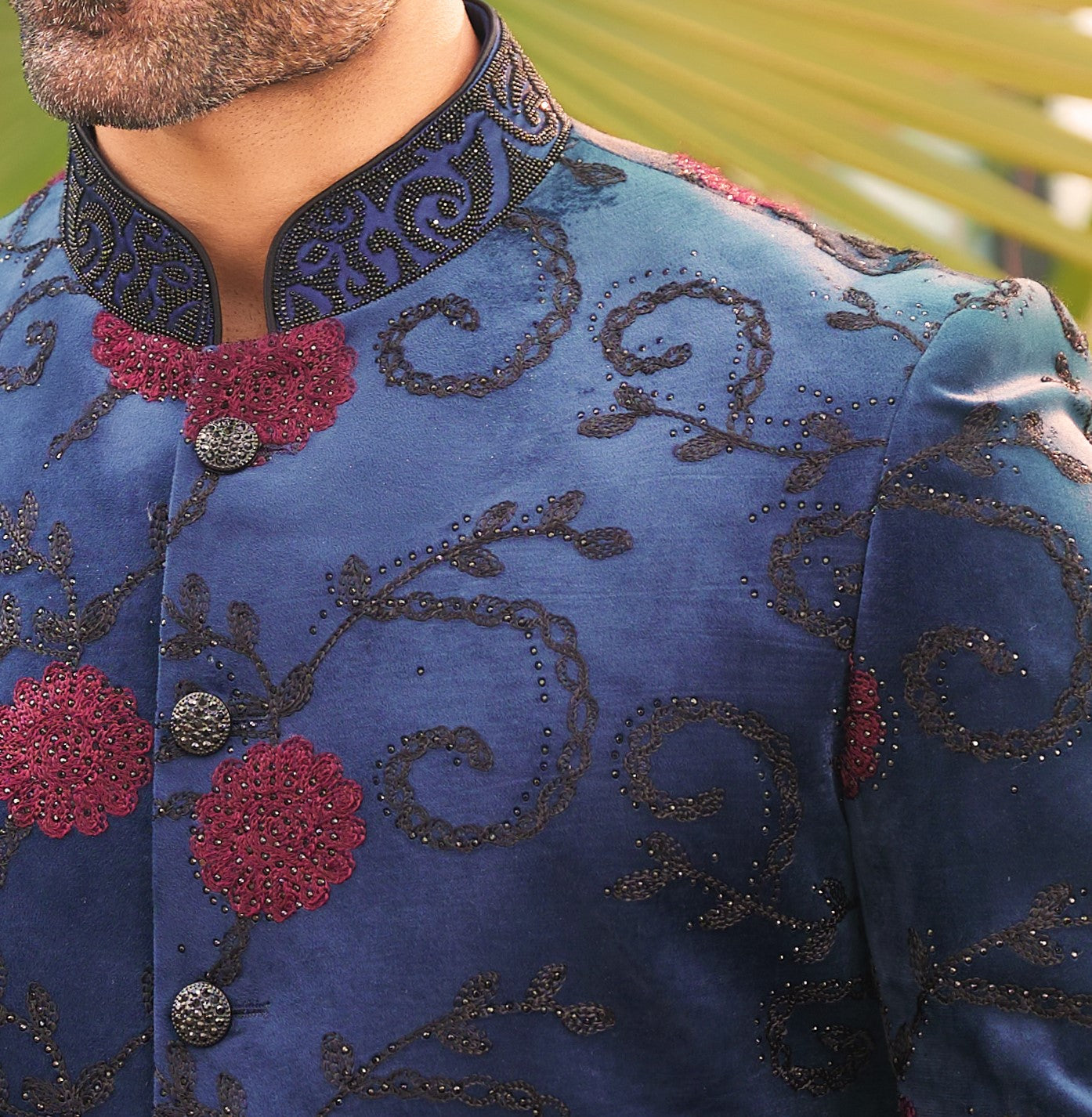 An elegant blue velvet indo-western, a timeless classic.
