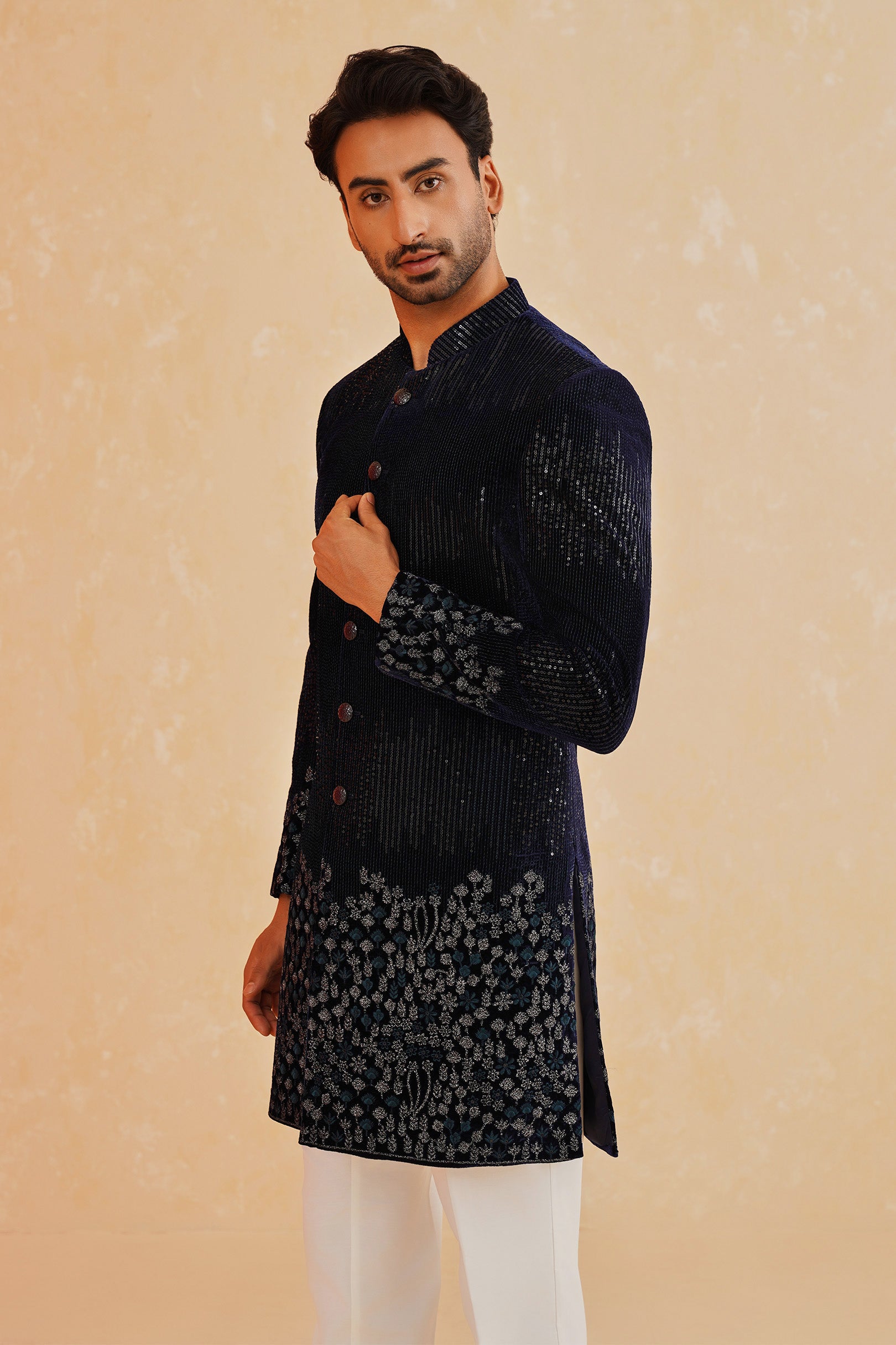 Men&#39;s Blue Velvet Indo-Western with Sequin Work - Luxury Indian Fusion Wear

