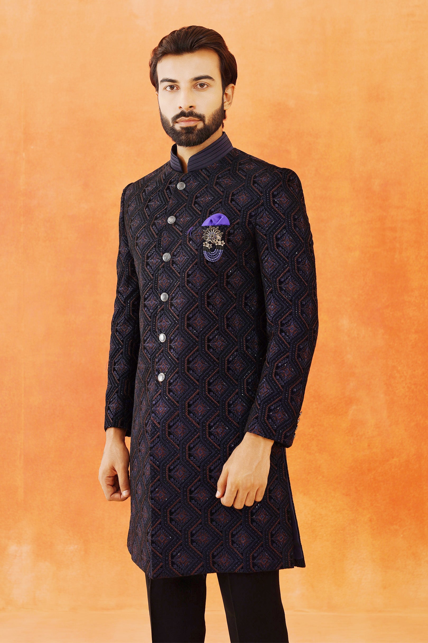 Men's Blue Velvet Indo-Western Outfit - Fusion Wear for the Modern Man


