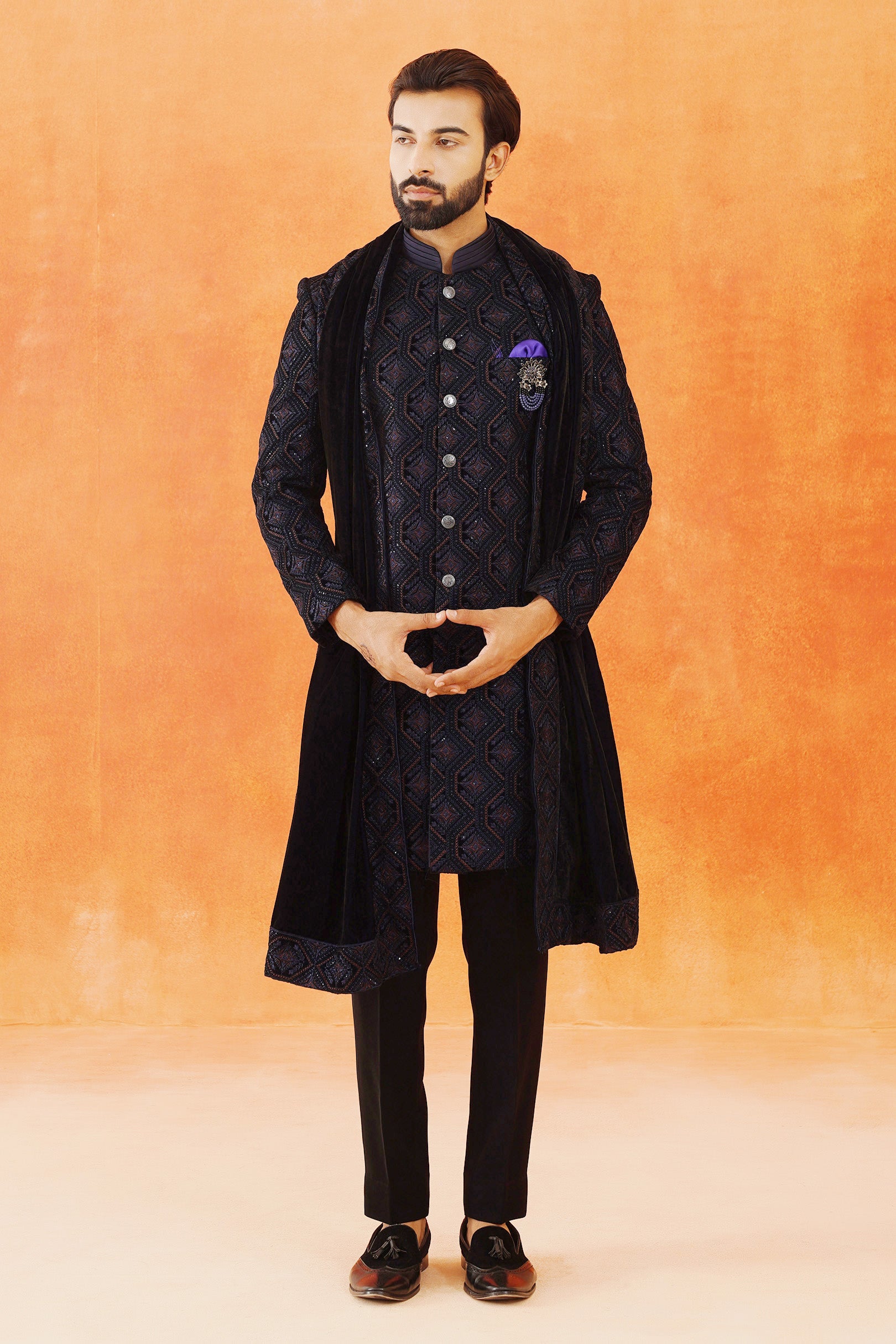Men&#39;s Blue Velvet Indo-Western with Embroidered Dupatta - Luxury Indian Fusion Wear

