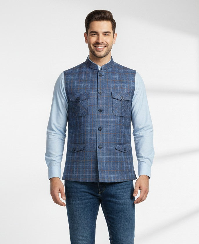 Blue checkered 4 pocket nehru jacket