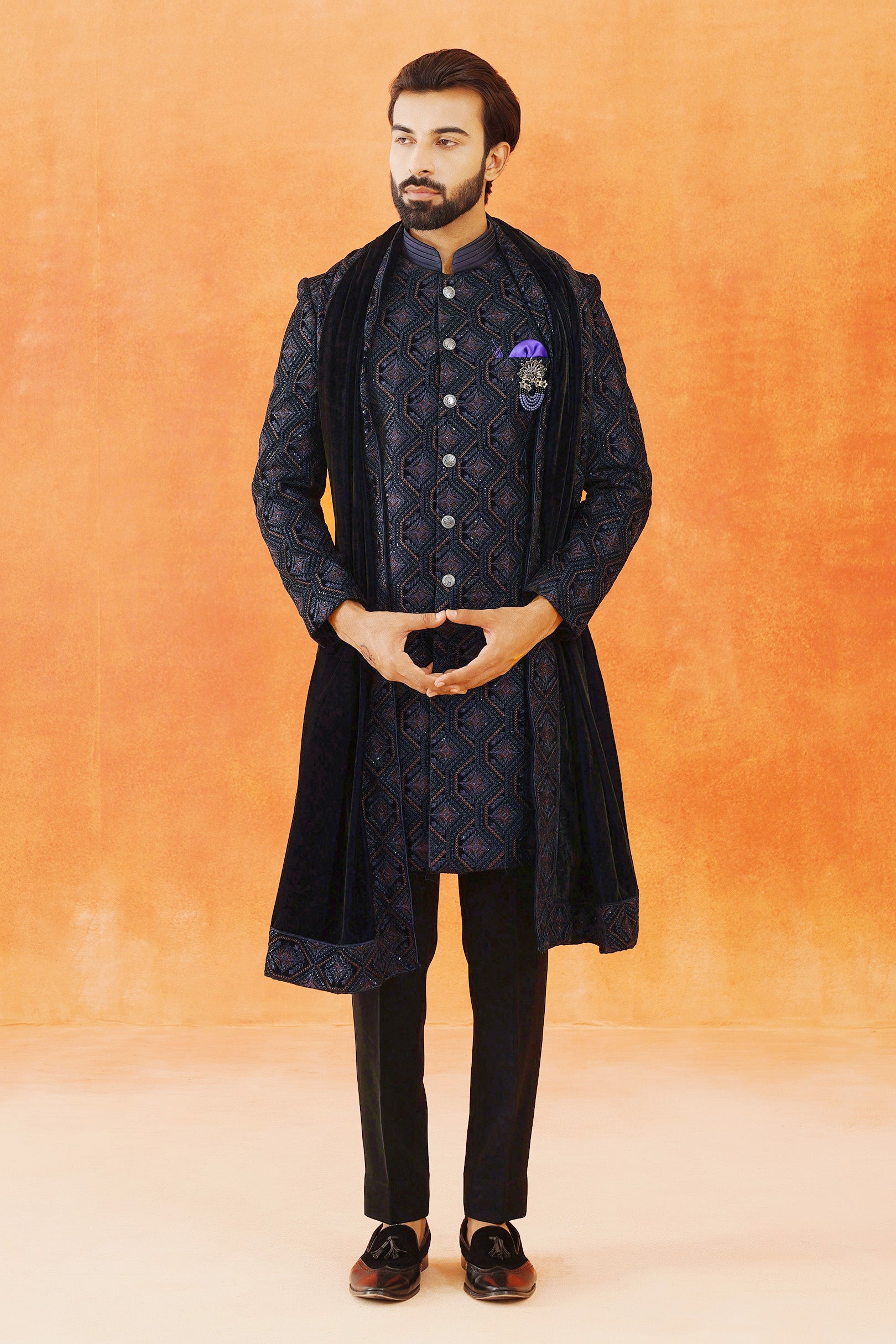 Blue velvet Indo-Western with Embroidered Dupatta