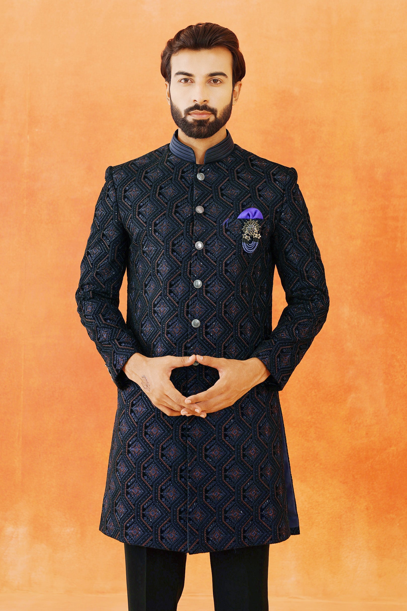 Blue velvet Indo-Western with Embroidered Dupatta