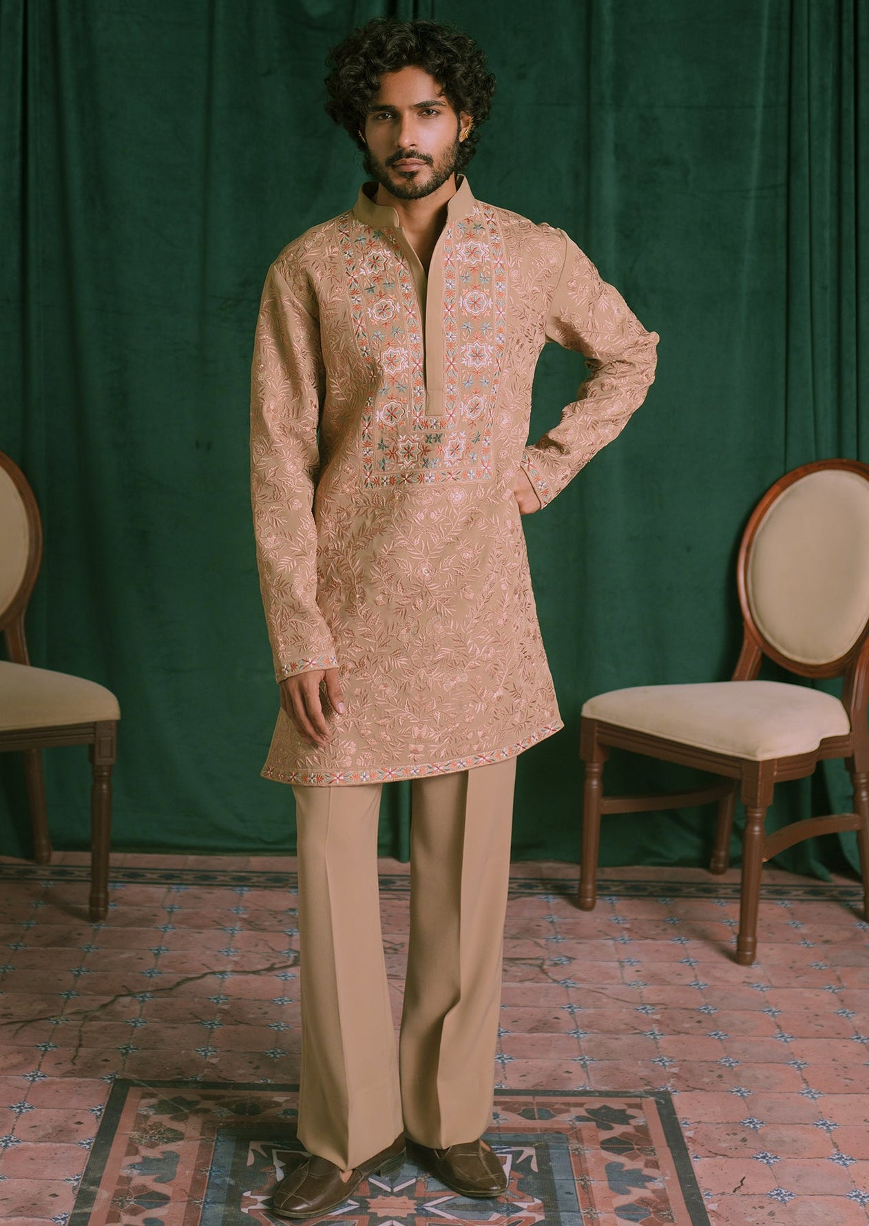 Brown Floral Embroidered Kurta with Wide Trousers