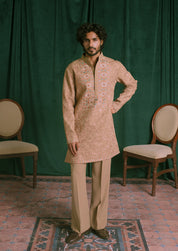 Brown Floral Embroidered Kurta with Wide Trousers