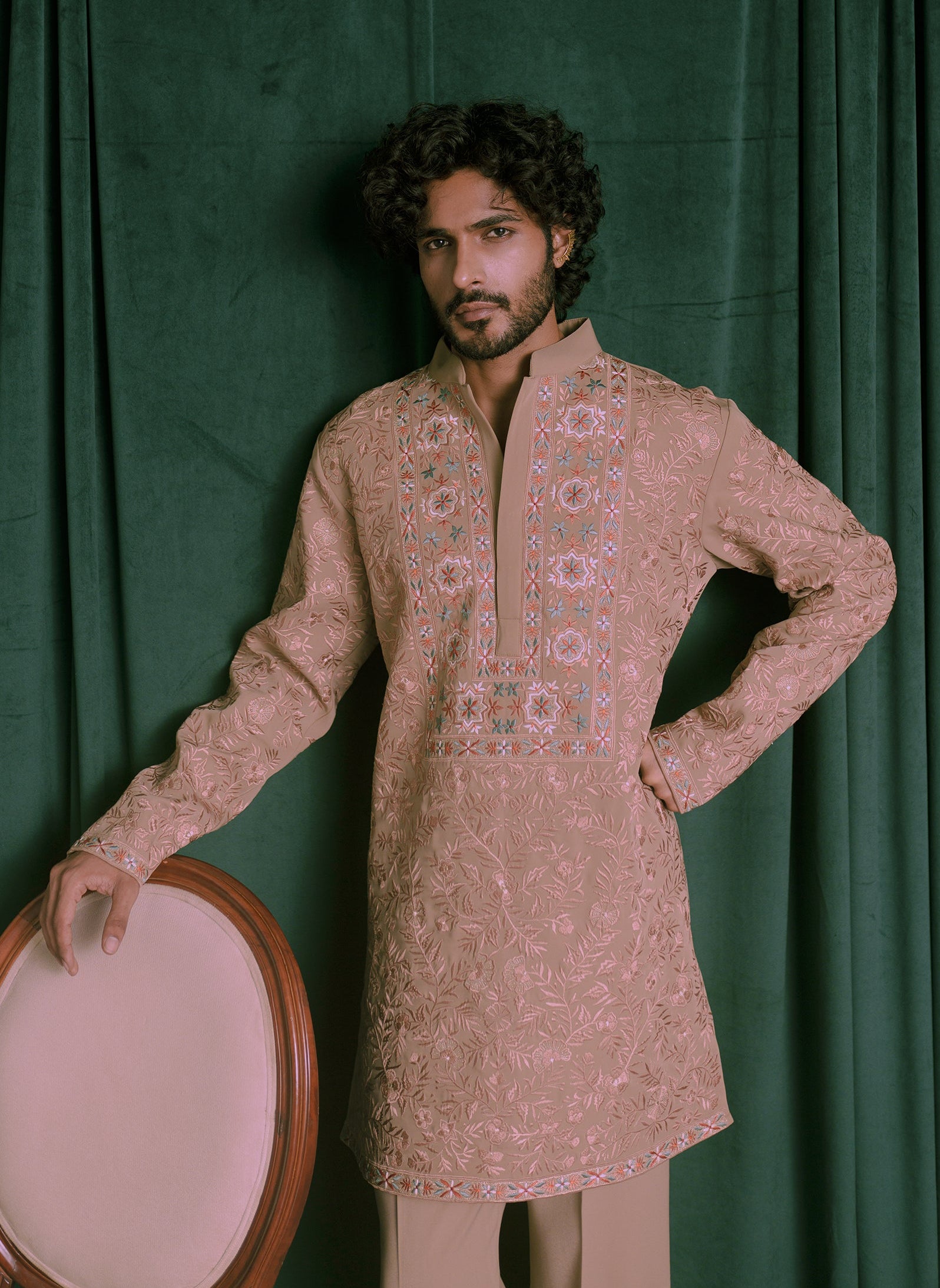 Brown Floral Embroidered Kurta with Wide Trousers